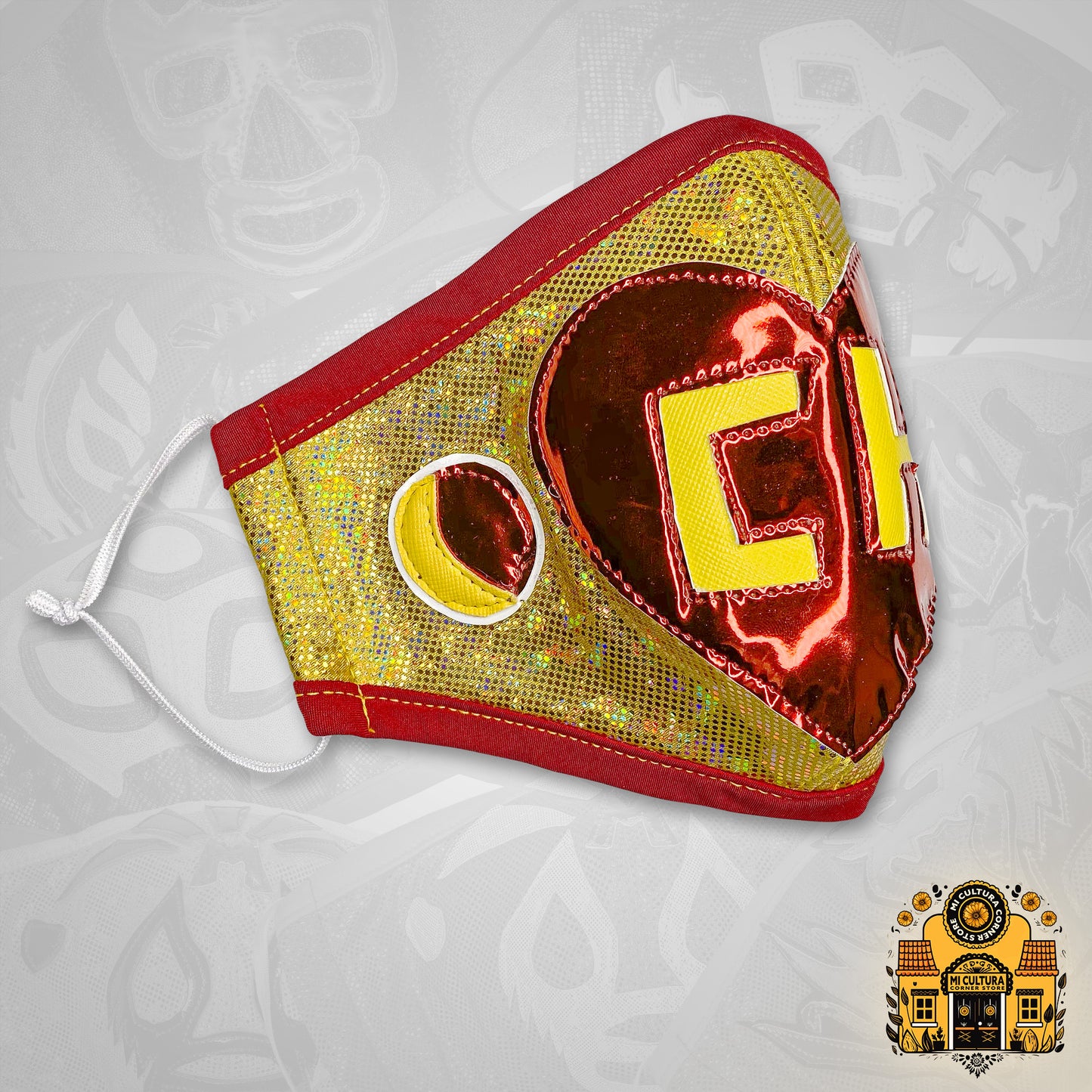 Chapulin Colorado Luchador Style Face Cover red heart on yellow, with red trim and round antenna details