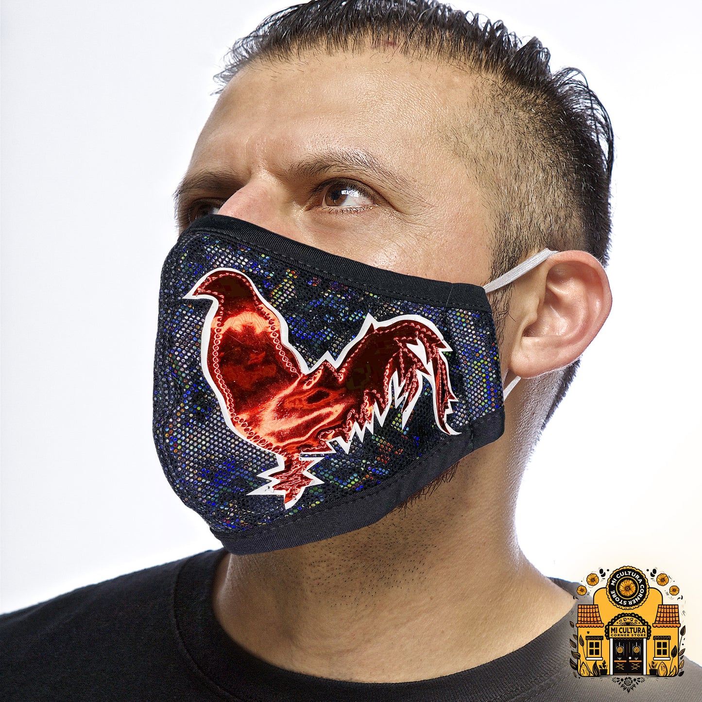 Dos Gallos Red on Black Luchador Style Face Cover Rooster Chicken mask