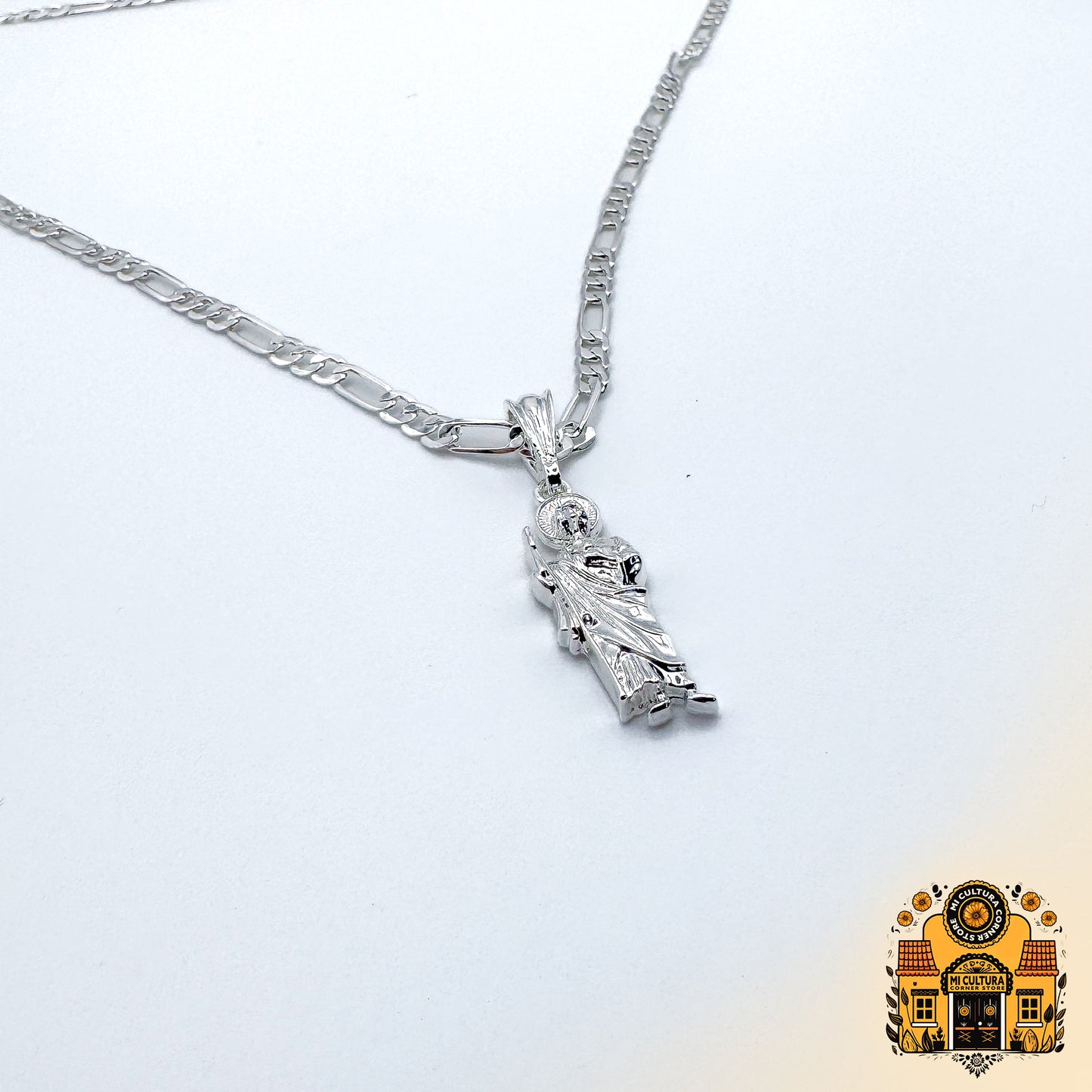 1" Mini Silver Plated St. Jude Necklace 1 in - Cuban Link Chain San Judas Pendant / Mini Collar de San Judas Tadeo Chapado en Plata Mini 1 in - Cadena Cuban Link con Colgante