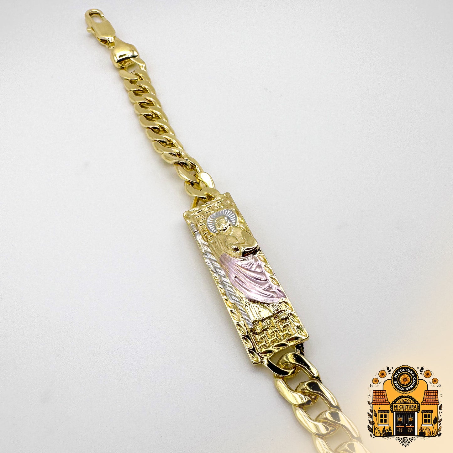 Divine San Judas Tadeo 14k Gold-Plated Bracelet with Light Pink Robe and Silver Halo/Pulsera de San Judas Tadeo Bañada en Oro de 14k con Túnica Rosa Claro y Halo Plateado 8.66 in. Designer Religious Jewelry/Joyería Religiosa de Diseñador 8.66 in.