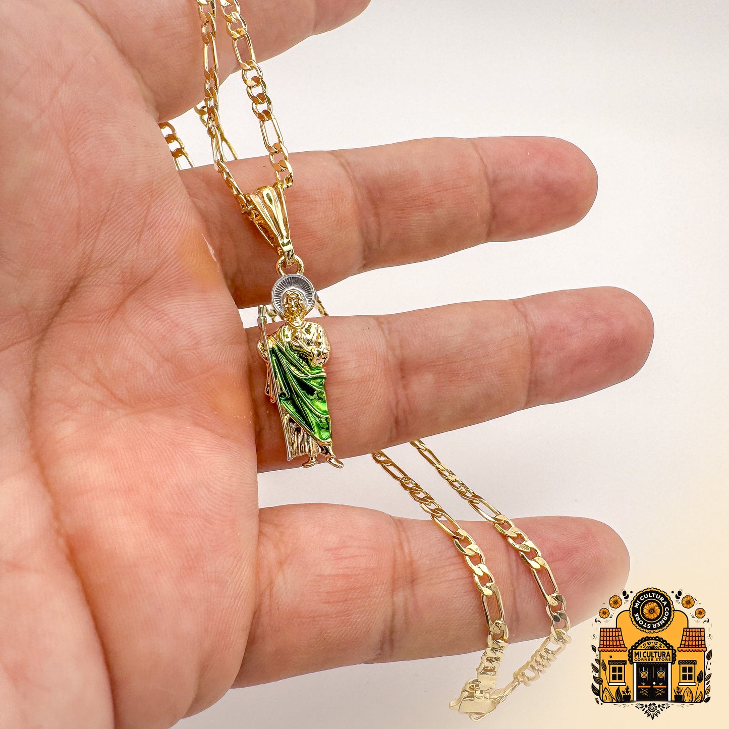 14K Mini Gold Plated St. Jude Necklace with Green Robe and Silver Halo 1 in - Cuban Link Chain San Judas Pendant / Mini Collar de San Judas Tadeo Chapado en Oro 14K Con bata verde y halo plateado Mini 1 in - Cadena Cuban Link con Colgante