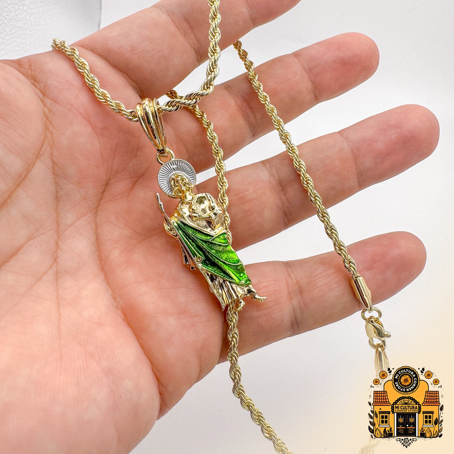 14K Medium Gold Plated St. Jude Necklace with Green Robe and Silver Halo 1.5in Twisted Rope Chain San Judas Pendant / Collar Mediano de San Judas Tadeo Chapado en Oro 14K Con bata verde y halo plateado 1.5 in - Collar de Cuerda Torcida con Colgante