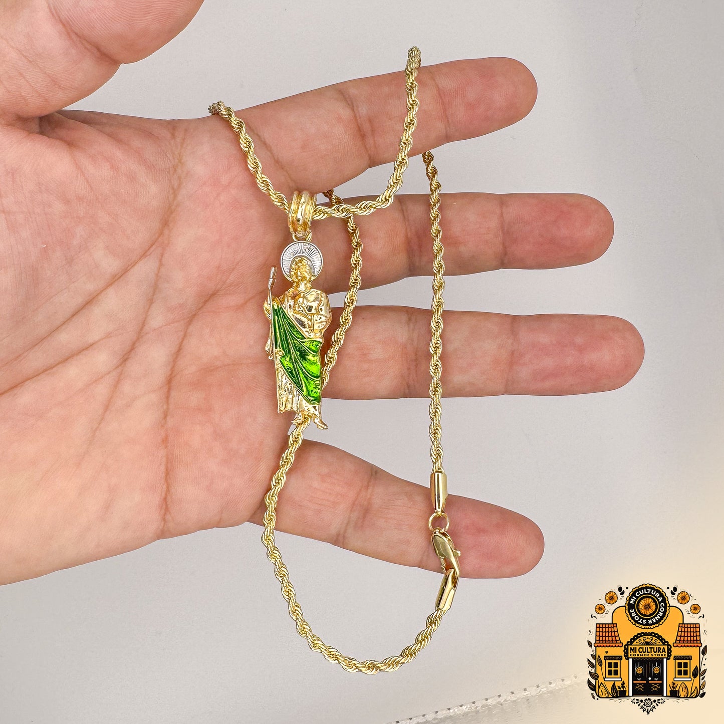 14K Medium Gold Plated St. Jude Necklace with Green Robe and Silver Halo 1.5in Twisted Rope Chain San Judas Pendant / Collar Mediano de San Judas Tadeo Chapado en Oro 14K Con bata verde y halo plateado 1.5 in - Collar de Cuerda Torcida con Colgante