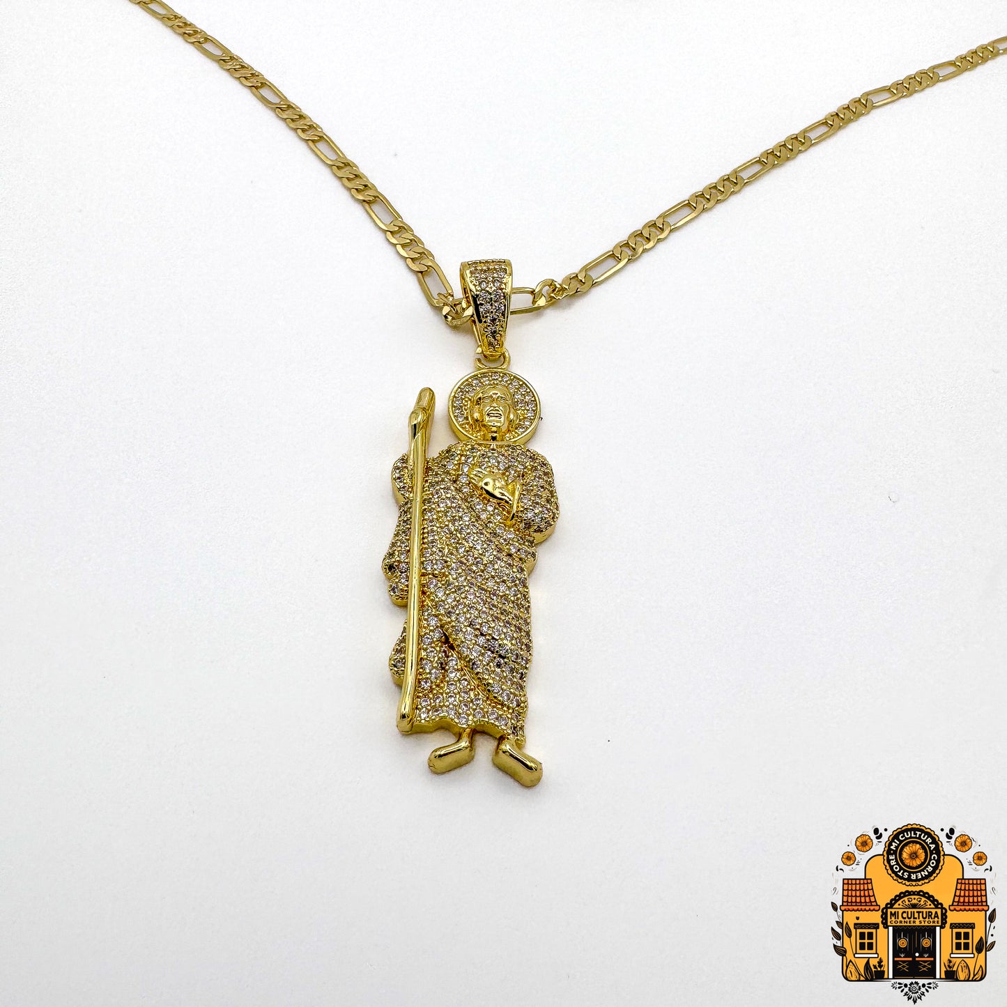 Blinged Out San Judas 14K Gold-Plated Pendant with Cuban Link Necklace