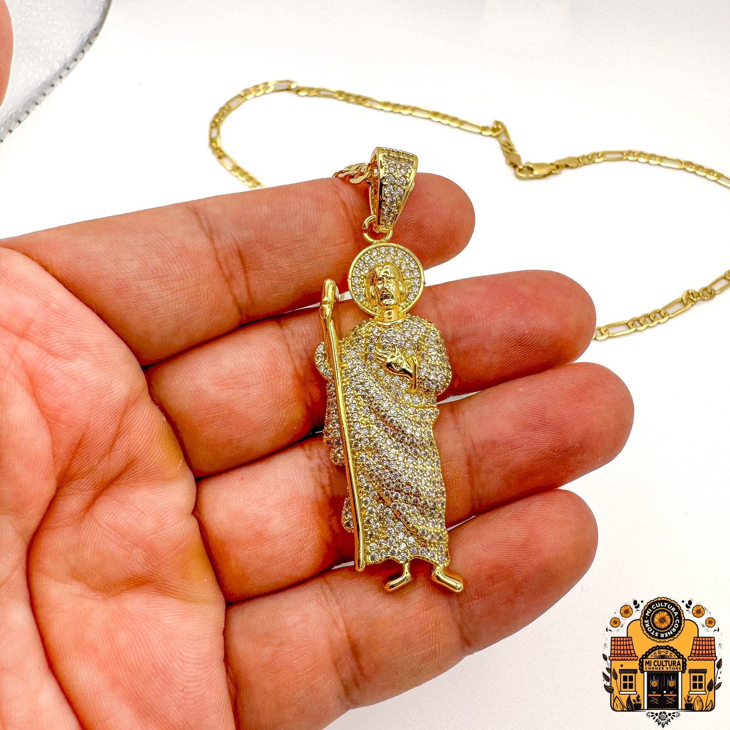 Blinged Out San Judas 14K Gold-Plated Pendant with Cuban Link Necklace