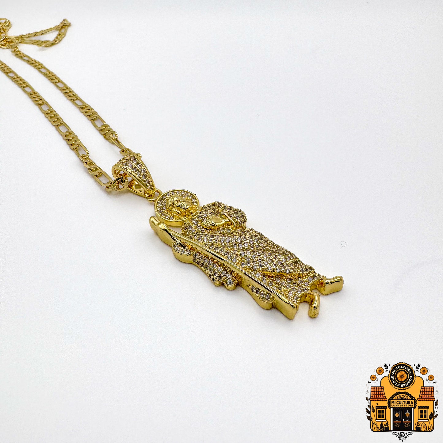 Blinged Out San Judas 14K Gold-Plated Pendant with Cuban Link Necklace