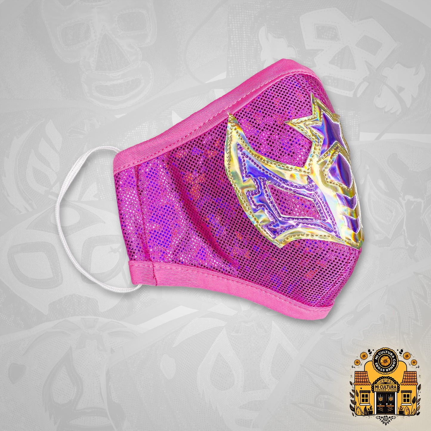 Sexy Star Light Gold on Pink and Light Metallic Purple Mexican Luchadora Face Cover