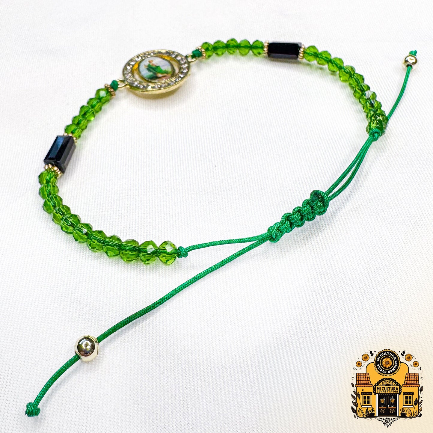 St. Jude San Judas Green Thread Bracelet with Crystals: Divine Elegant Protection, Adjustable for All, Perfect for Every Occasion!
