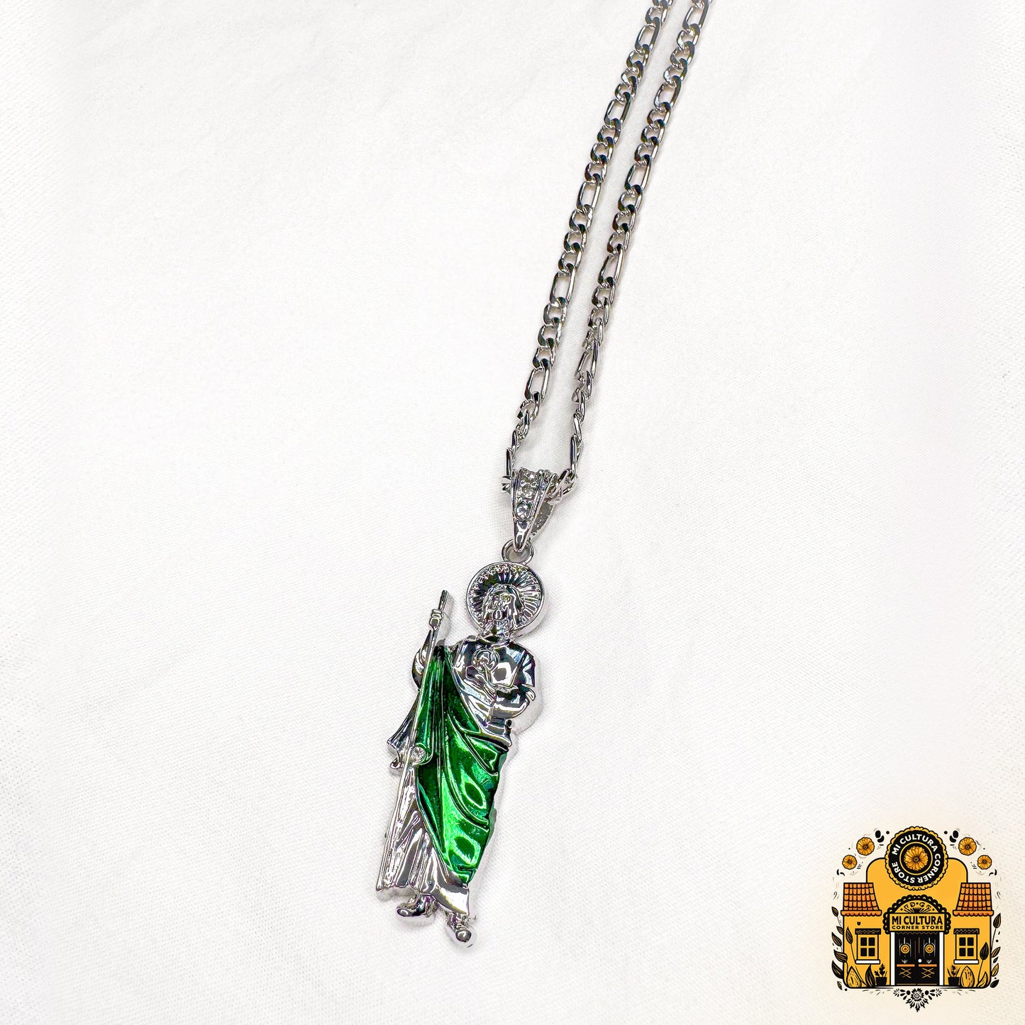 Silver St. Jude Necklace with Green Enamel - 9.5" Figaro Chain / Collar de San Judas de Plata con Esmalte Verde - Cadena Figaro de 9.5"