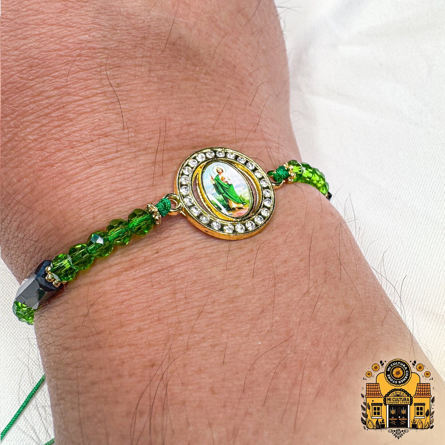 St. Jude San Judas Green Thread Bracelet with Crystals: Divine Elegant Protection, Adjustable for All, Perfect for Every Occasion!