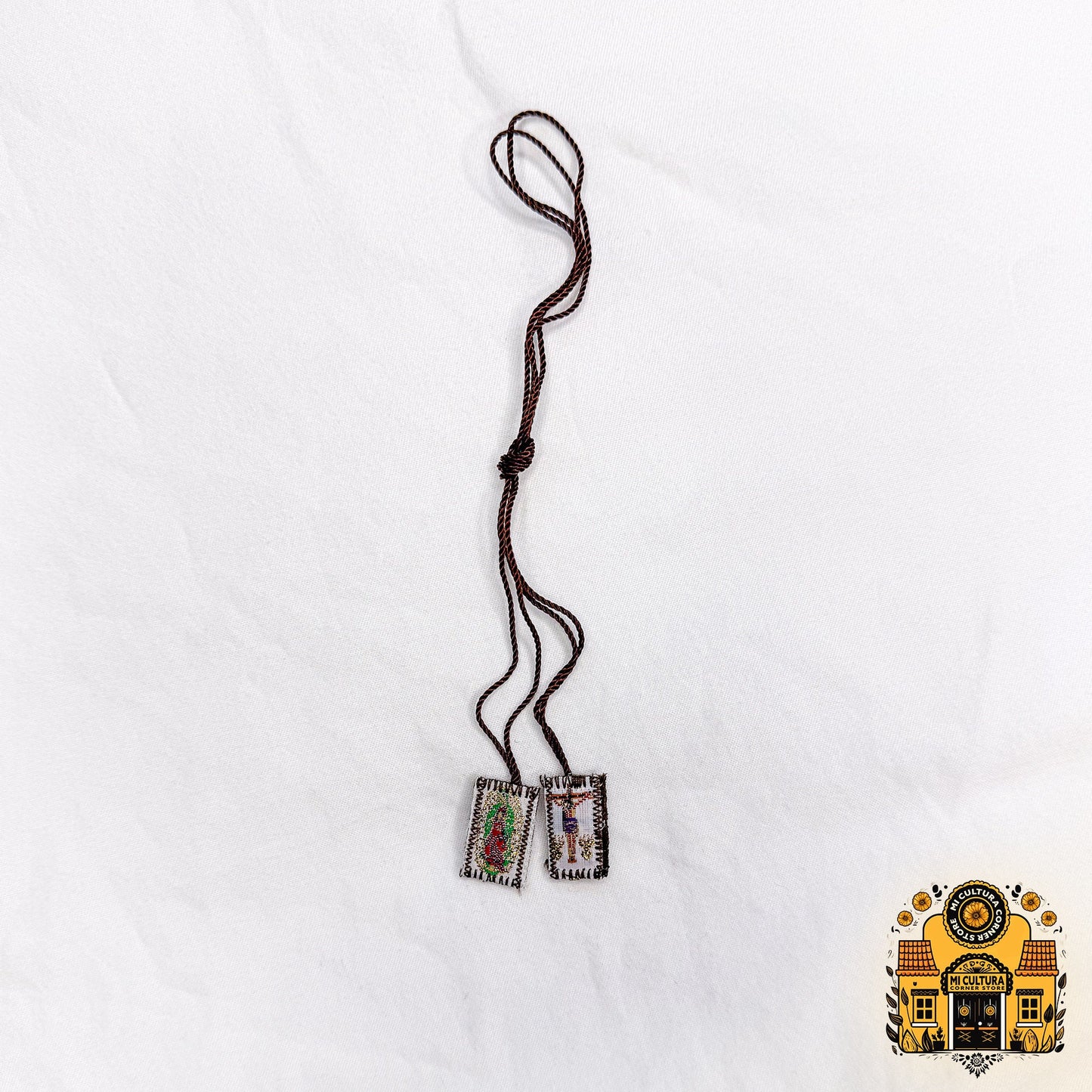 Escapulario de La Virgen de Guadalupe y Jesus en la Cruz Mini/Scapular of Our Lady of Guadalupe and Jesus on the Cross Necklace Collar Small