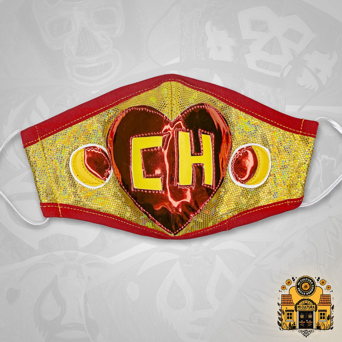 Chapulin Colorado Luchador Style Face Cover red heart on yellow, with red trim and round antenna details