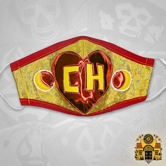 Chapulin Colorado Luchador Style Face Cover red heart on yellow, with red trim and round antenna details