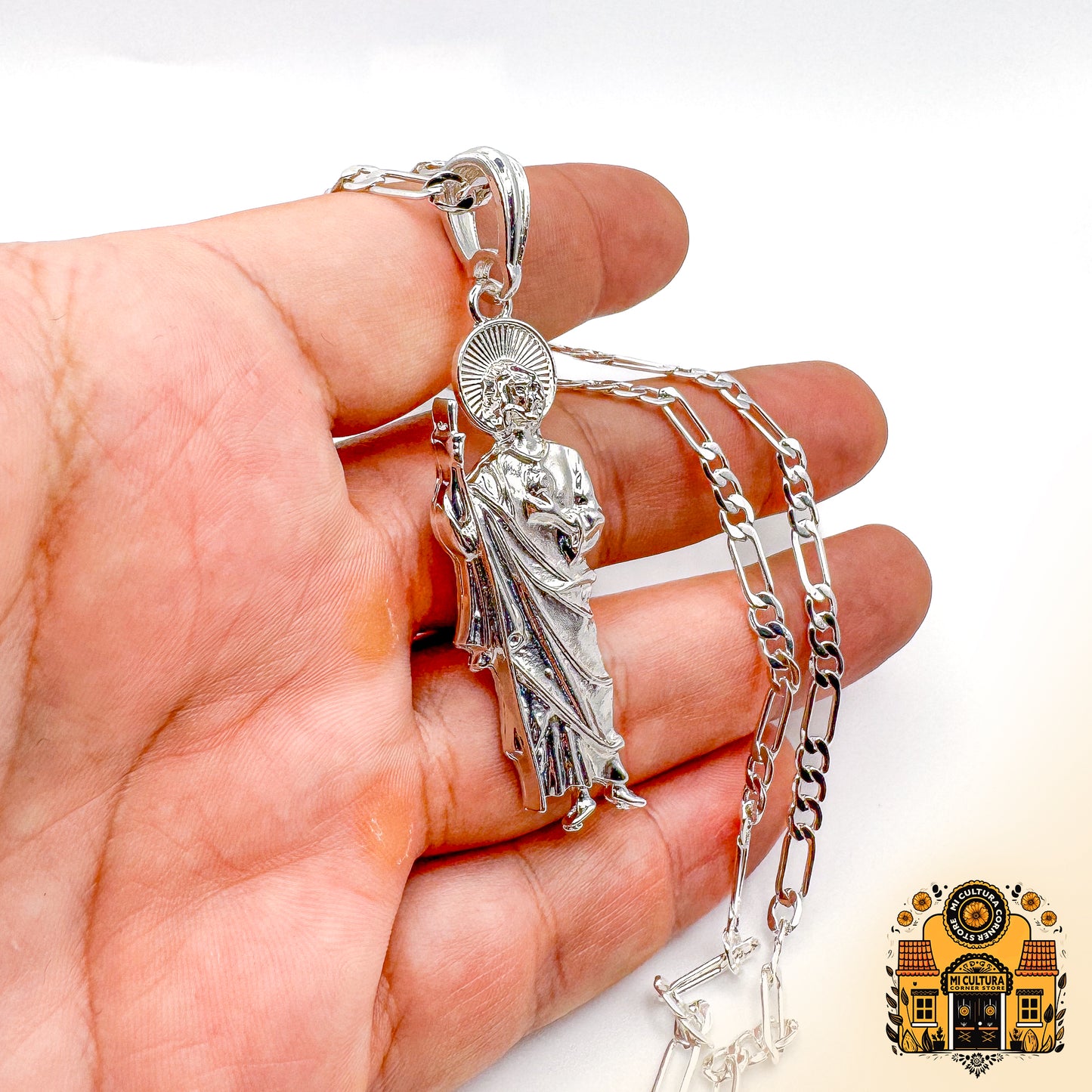 2" Silver Plated Saint Jude Pendant Necklace with 20" Cuban Link Chain | San Judas Tadeo Religious Jewelry | Faith and Hope Gift