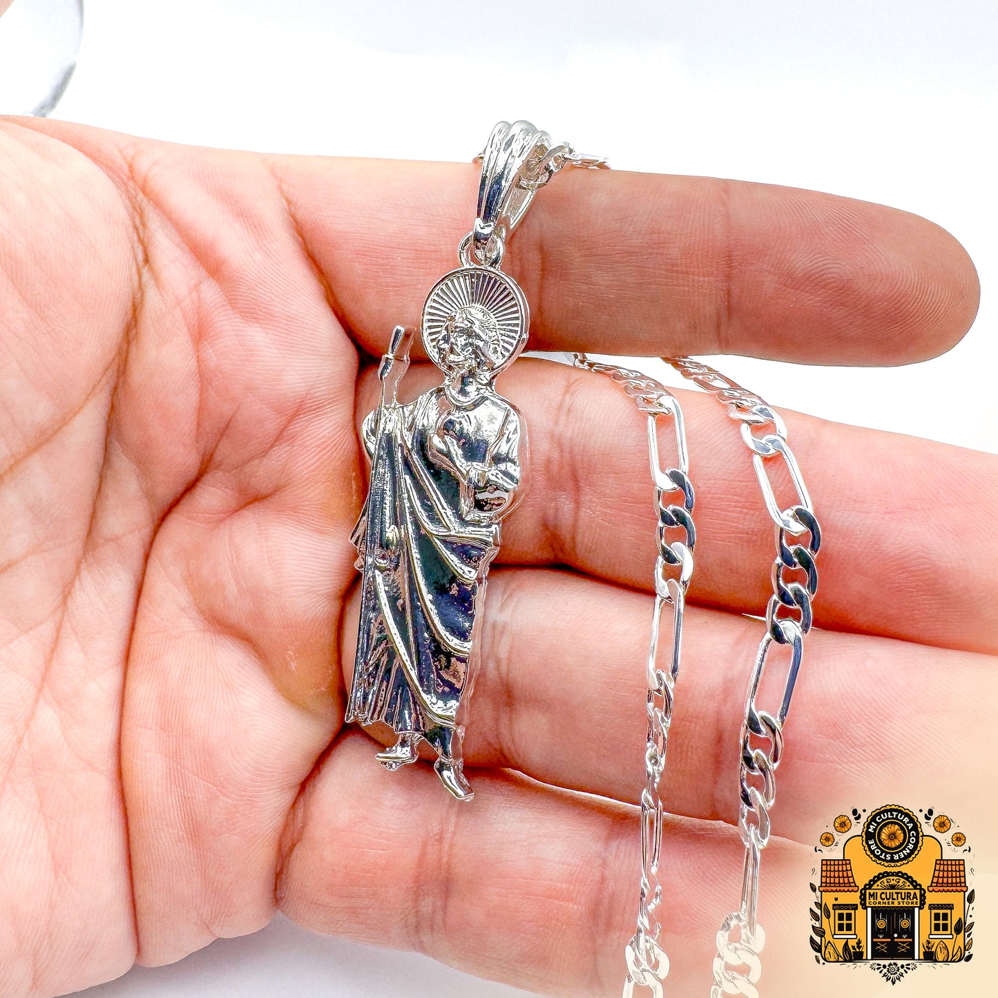 2" Silver Plated Saint Jude Pendant Necklace with 20" Cuban Link Chain | San Judas Tadeo Religious Jewelry | Faith and Hope Gift