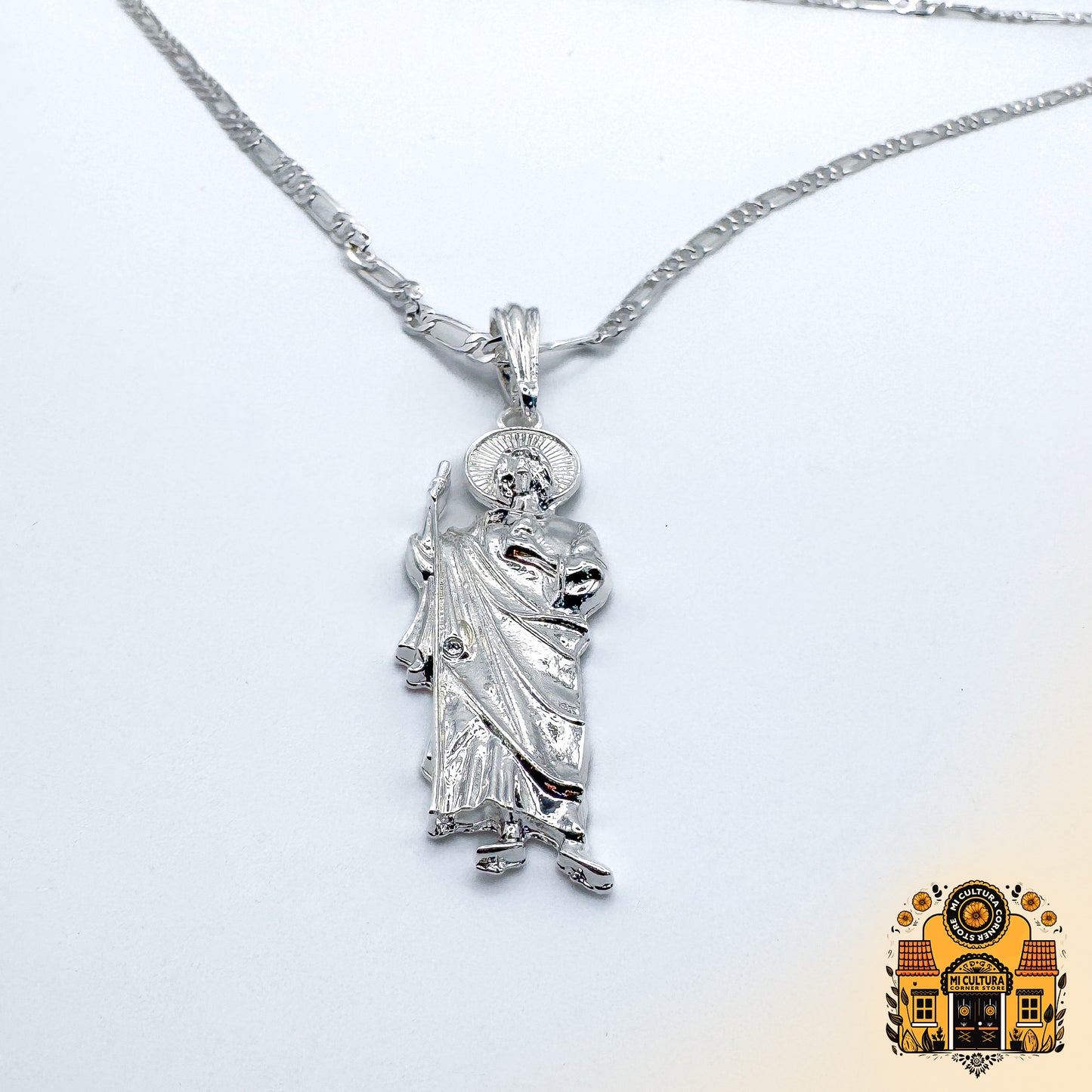 2" Silver Plated Saint Jude Pendant Necklace with 20" Cuban Link Chain | San Judas Tadeo Religious Jewelry | Faith and Hope Gift