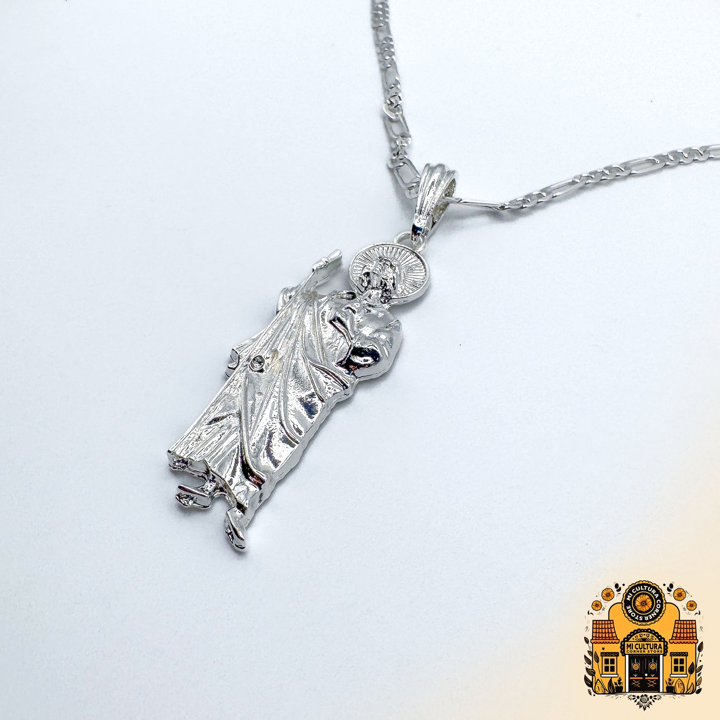 2" Silver Plated Saint Jude Pendant Necklace with 20" Cuban Link Chain | San Judas Tadeo Religious Jewelry | Faith and Hope Gift