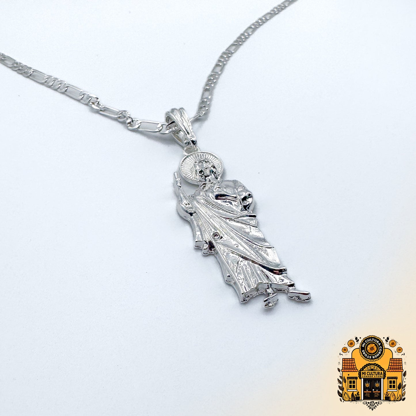 2" Silver Plated Saint Jude Pendant Necklace with 20" Cuban Link Chain | San Judas Tadeo Religious Jewelry | Faith and Hope Gift