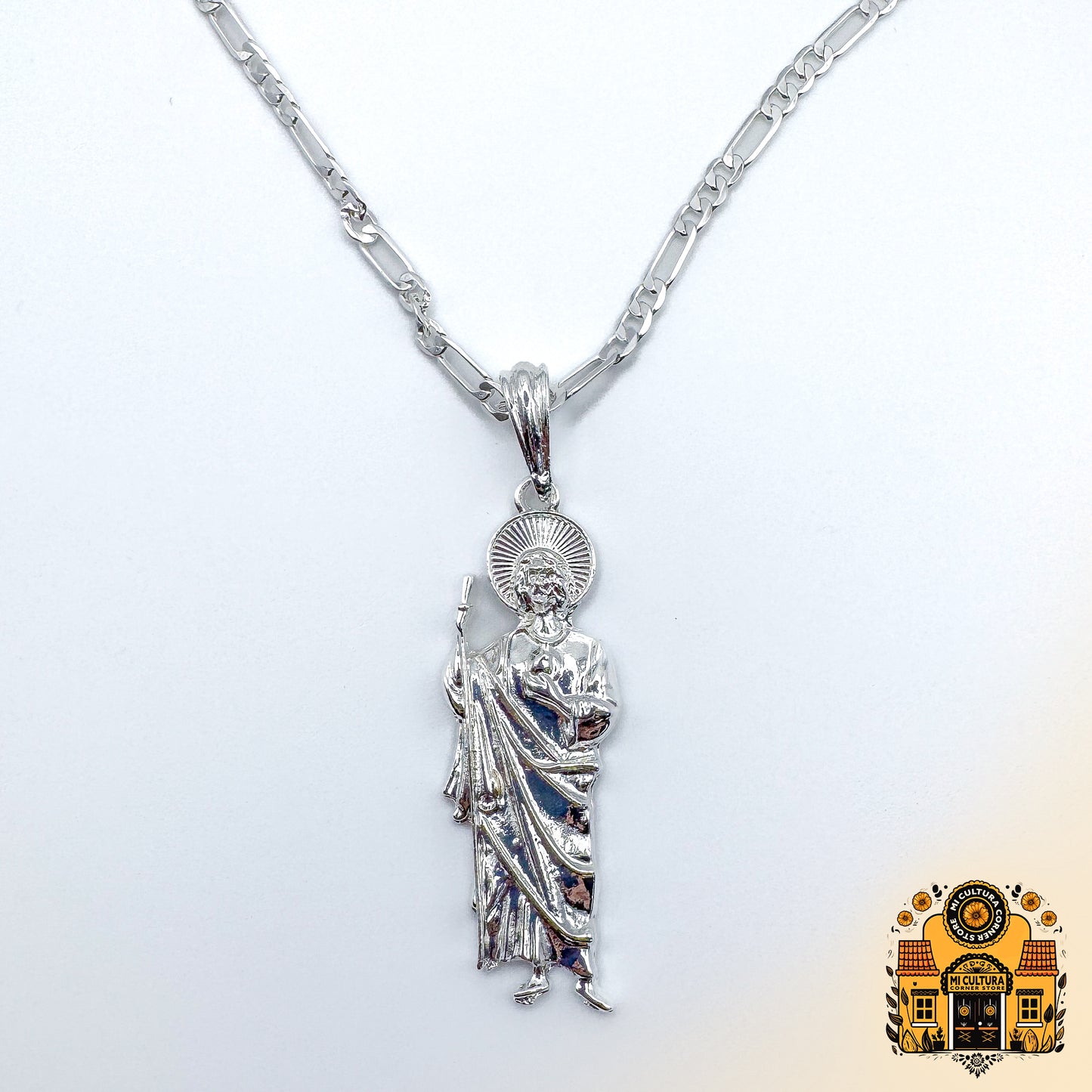 2" Silver Plated Saint Jude Pendant Necklace with 20" Cuban Link Chain | San Judas Tadeo Religious Jewelry | Faith and Hope Gift