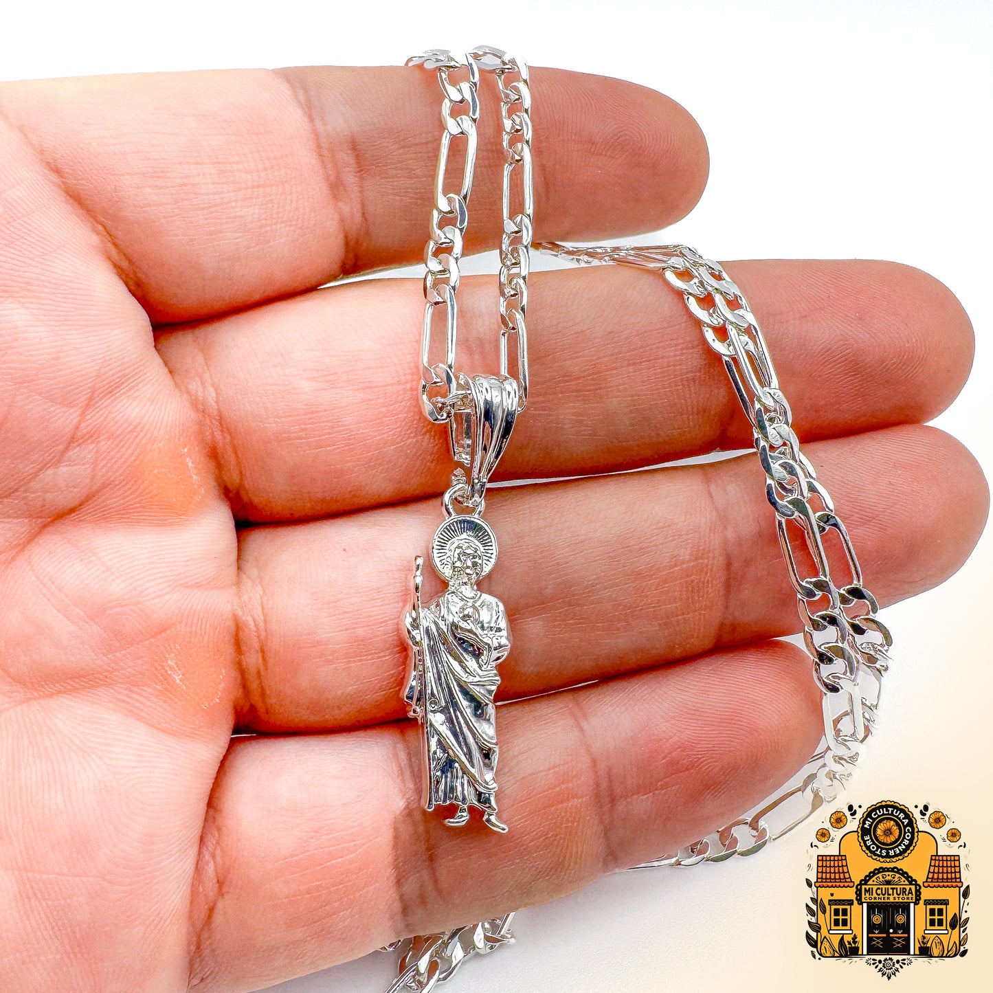 1" Mini Silver Plated St. Jude Necklace 1 in - Cuban Link Chain San Judas Pendant / Mini Collar de San Judas Tadeo Chapado en Plata Mini 1 in - Cadena Cuban Link con Colgante