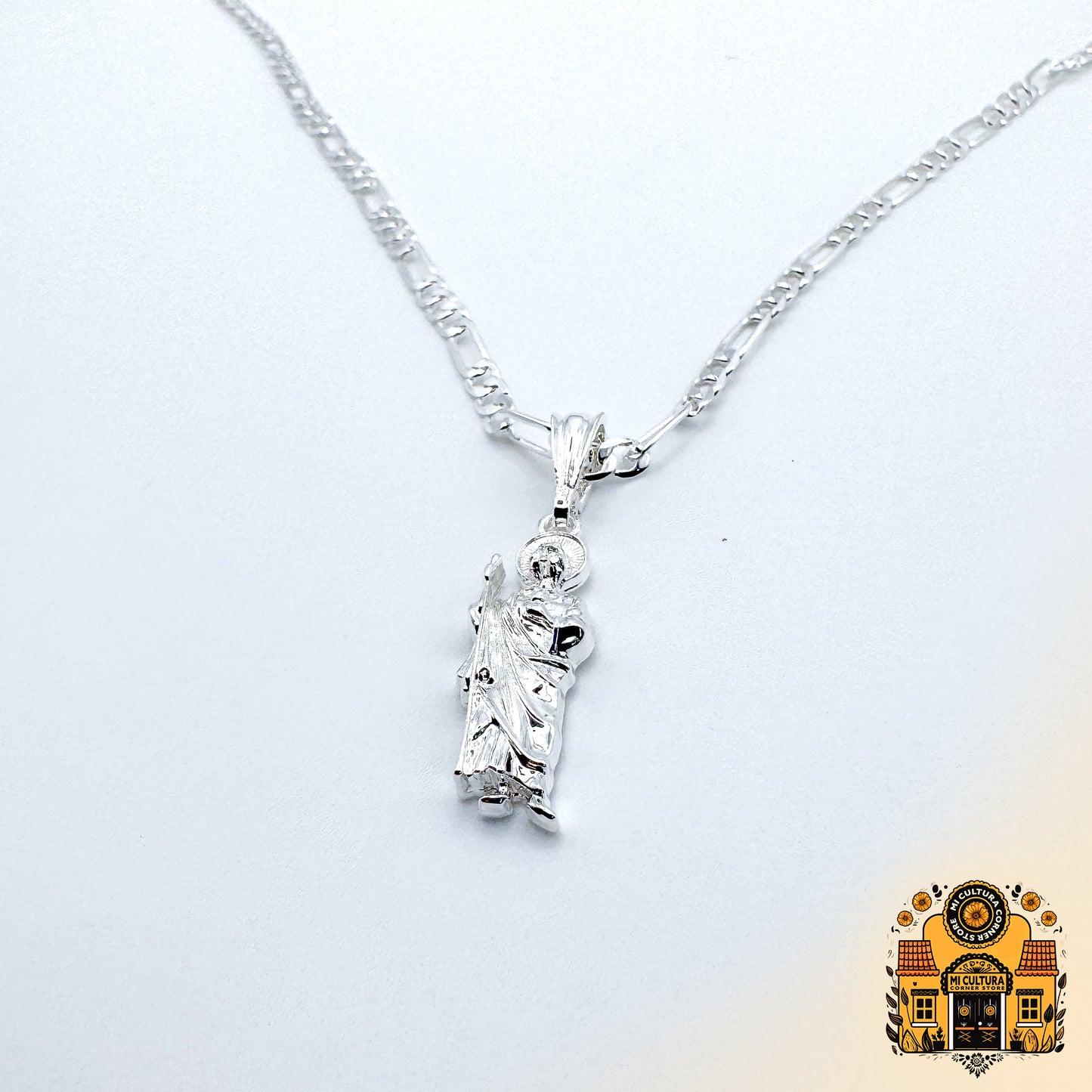 1" Mini Silver Plated St. Jude Necklace 1 in - Cuban Link Chain San Judas Pendant / Mini Collar de San Judas Tadeo Chapado en Plata Mini 1 in - Cadena Cuban Link con Colgante