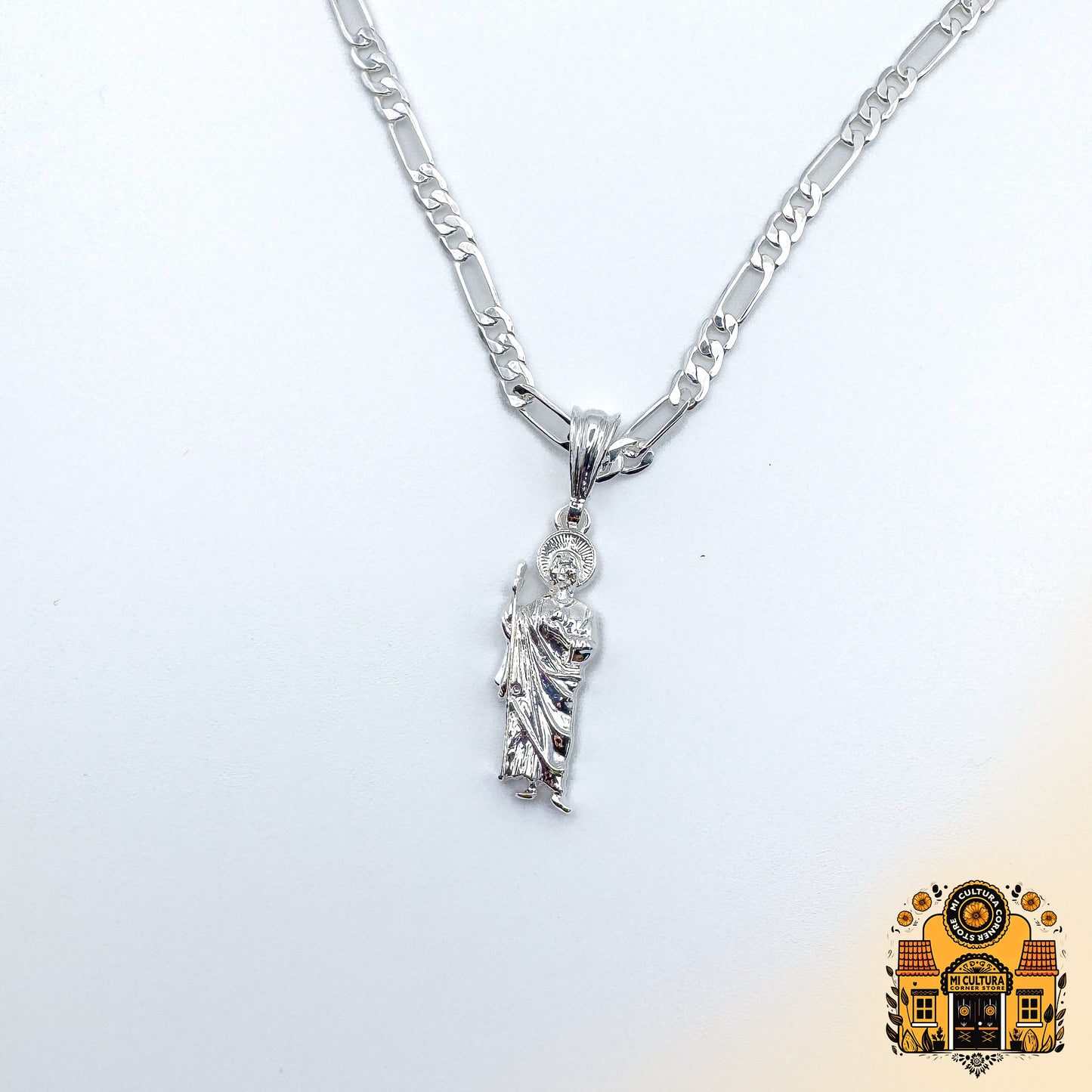 1" Mini Silver Plated St. Jude Necklace 1 in - Cuban Link Chain San Judas Pendant / Mini Collar de San Judas Tadeo Chapado en Plata Mini 1 in - Cadena Cuban Link con Colgante