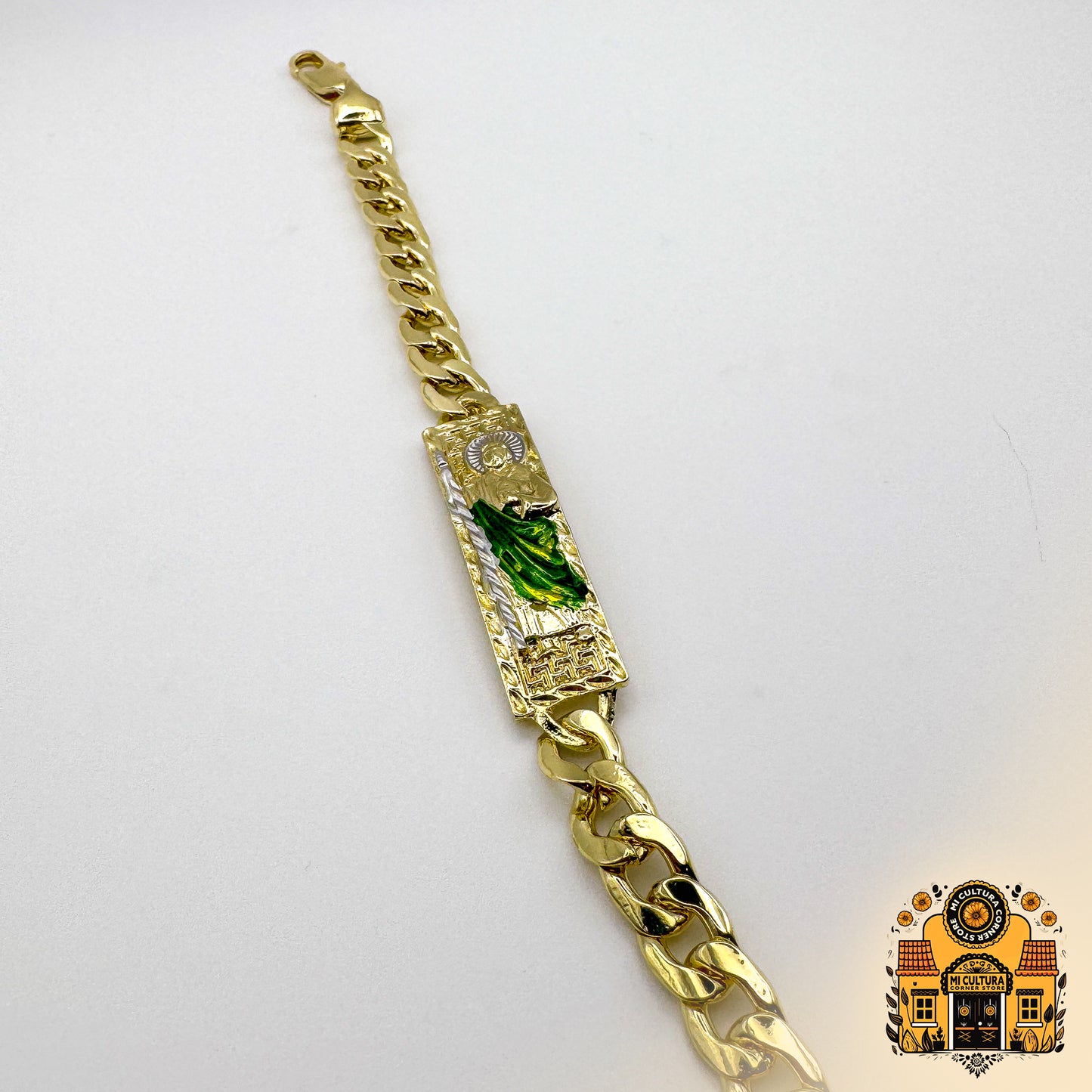 Divine San Judas Tadeo 14k Gold-Plated Bracelet with Green Robe and Silver Halo/Pulsera de San Judas Tadeo Bañada en Oro de 14k con Túnica Verde y Halo Plateado 8.66 in. Designer Religious Jewelry/Joyería Religiosa de Diseñador de 8.66 in.