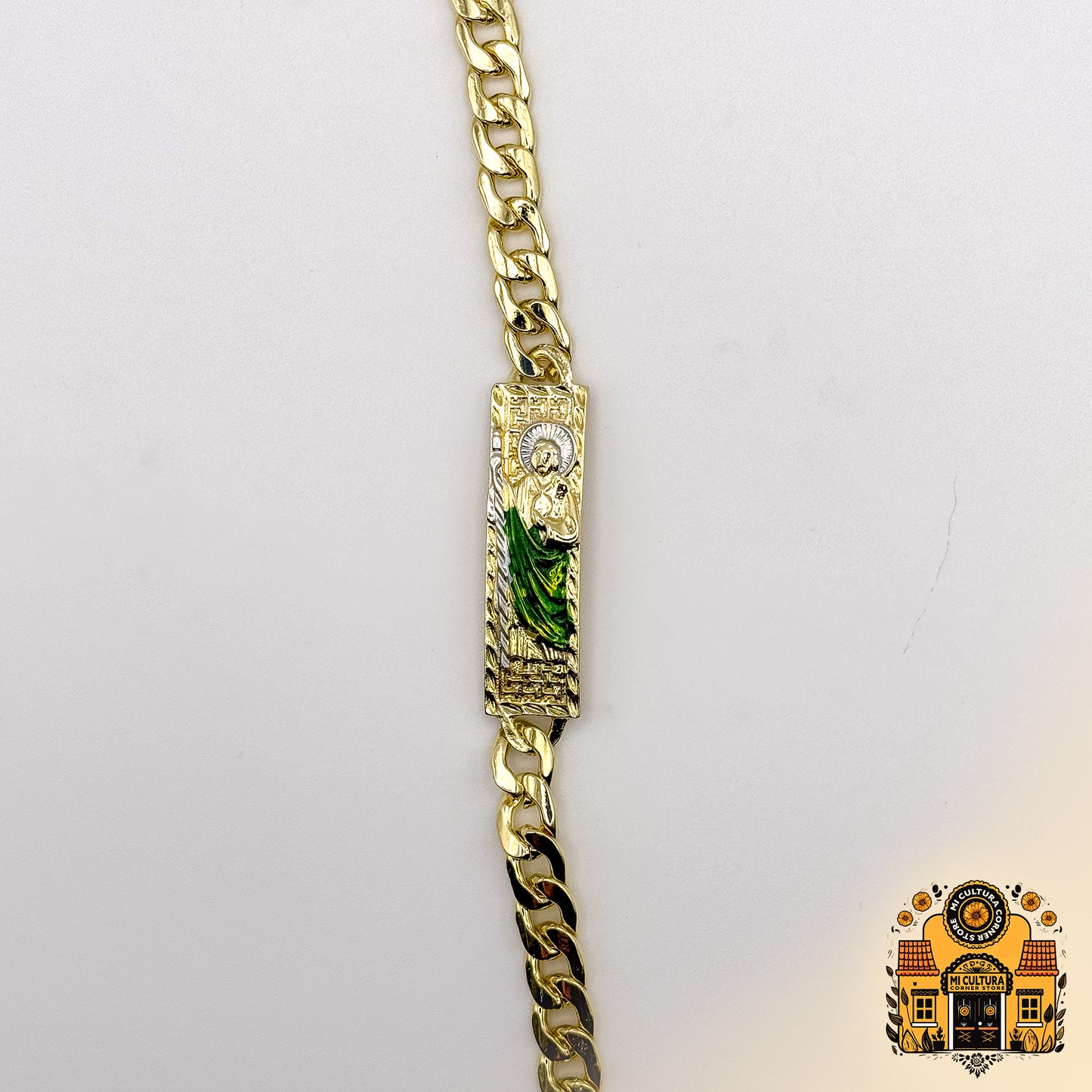 Divine San Judas Tadeo 14k Gold-Plated Bracelet with Green Robe and Silver Halo/Pulsera de San Judas Tadeo Bañada en Oro de 14k con Túnica Verde y Halo Plateado 8.66 in. Designer Religious Jewelry/Joyería Religiosa de Diseñador de 8.66 in.