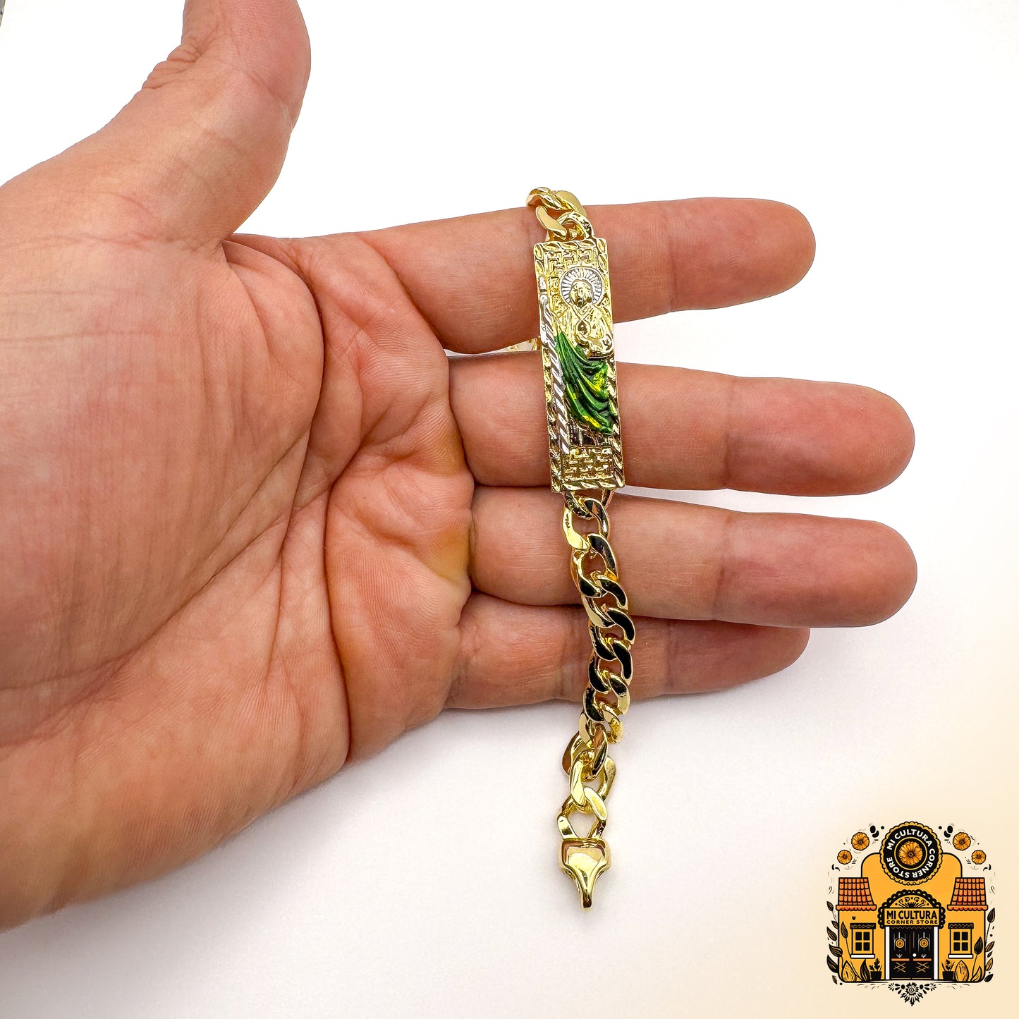 Divine San Judas Tadeo 14k Gold-Plated Bracelet with Green Robe and Silver Halo/Pulsera de San Judas Tadeo Bañada en Oro de 14k con Túnica Verde y Halo Plateado 8.66 in. Designer Religious Jewelry/Joyería Religiosa de Diseñador de 8.66 in.