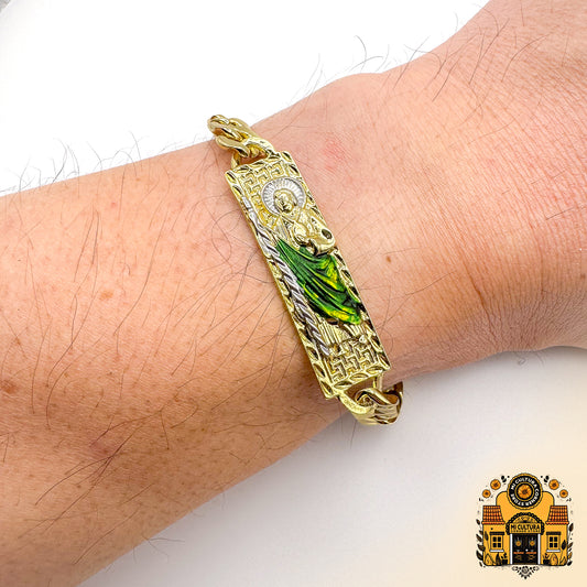 Divine San Judas Tadeo 14k Gold-Plated Bracelet with Green Robe and Silver Halo/Pulsera de San Judas Tadeo Bañada en Oro de 14k con Túnica Verde y Halo Plateado 8.66 in. Designer Religious Jewelry/Joyería Religiosa de Diseñador de 8.66 in.