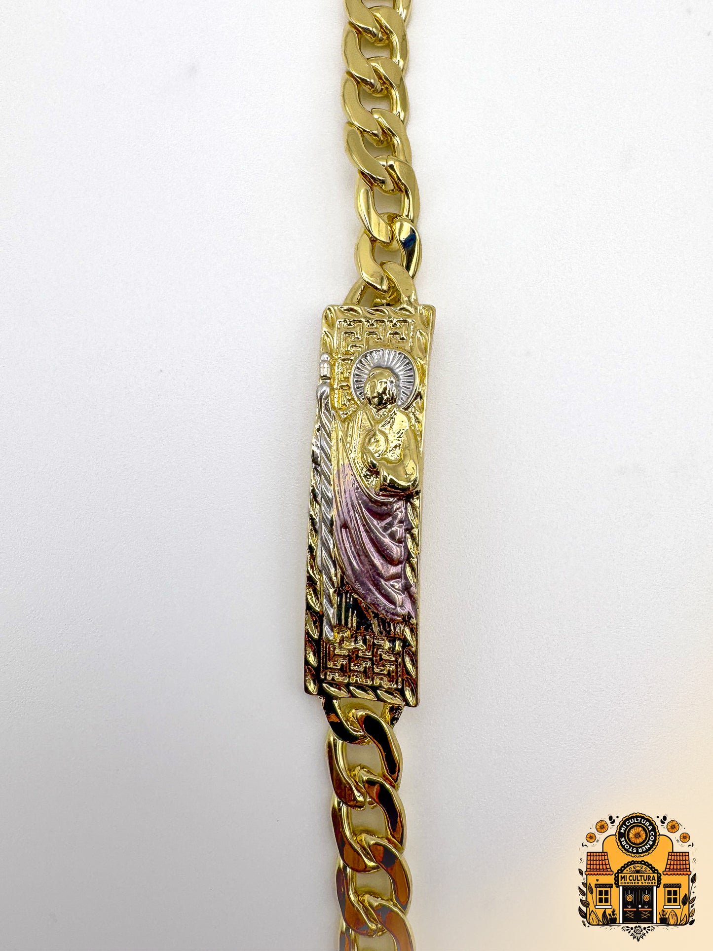 Divine San Judas Tadeo 14k Gold-Plated Bracelet with Light Pink Robe and Silver Halo/Pulsera de San Judas Tadeo Bañada en Oro de 14k con Túnica Rosa Claro y Halo Plateado 8.66 in. Designer Religious Jewelry/Joyería Religiosa de Diseñador 8.66 in.