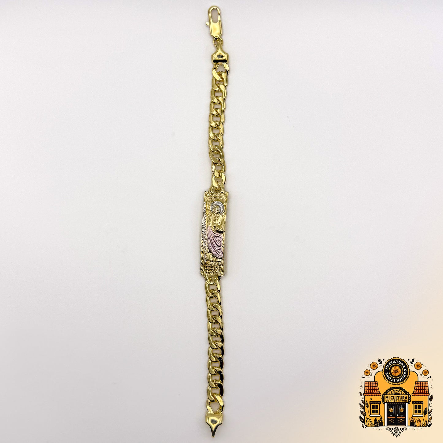 Divine San Judas Tadeo 14k Gold-Plated Bracelet with Light Pink Robe and Silver Halo/Pulsera de San Judas Tadeo Bañada en Oro de 14k con Túnica Rosa Claro y Halo Plateado 8.66 in. Designer Religious Jewelry/Joyería Religiosa de Diseñador 8.66 in.