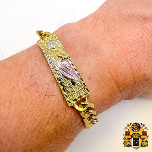 Divine San Judas Tadeo 14k Gold-Plated Bracelet with Light Pink Robe and Silver Halo/Pulsera de San Judas Tadeo Bañada en Oro de 14k con Túnica Rosa Claro y Halo Plateado 8.66 in. Designer Religious Jewelry/Joyería Religiosa de Diseñador 8.66 in.