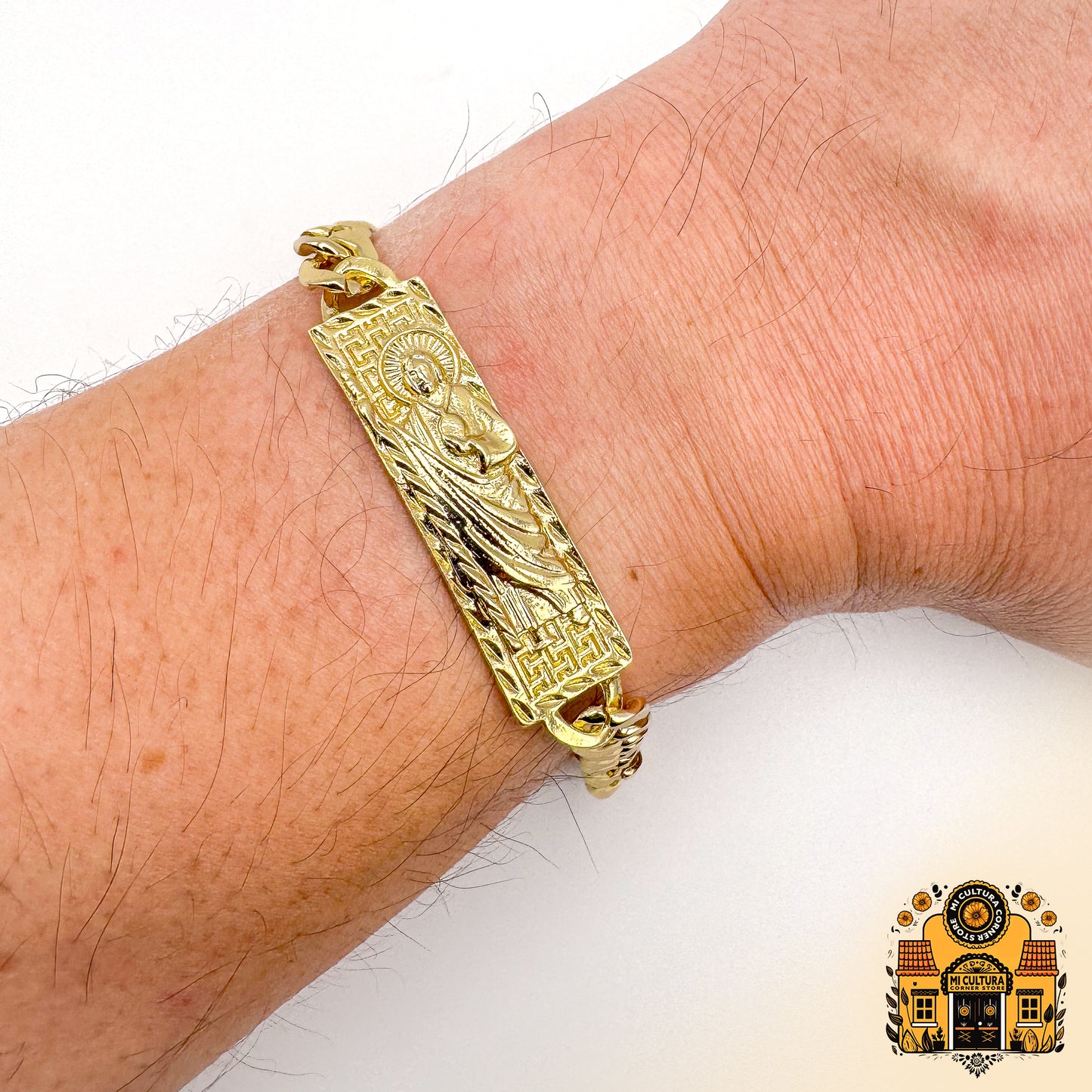 Elegant San Judas Tadeo 14k Gold-Plated Bracelet / Elegante Pulsera de San Judas Tadeo Bañada en Oro de 14k - 8.66-Inch Religious Charm / Charm Religioso de 8.66 Pulgadas