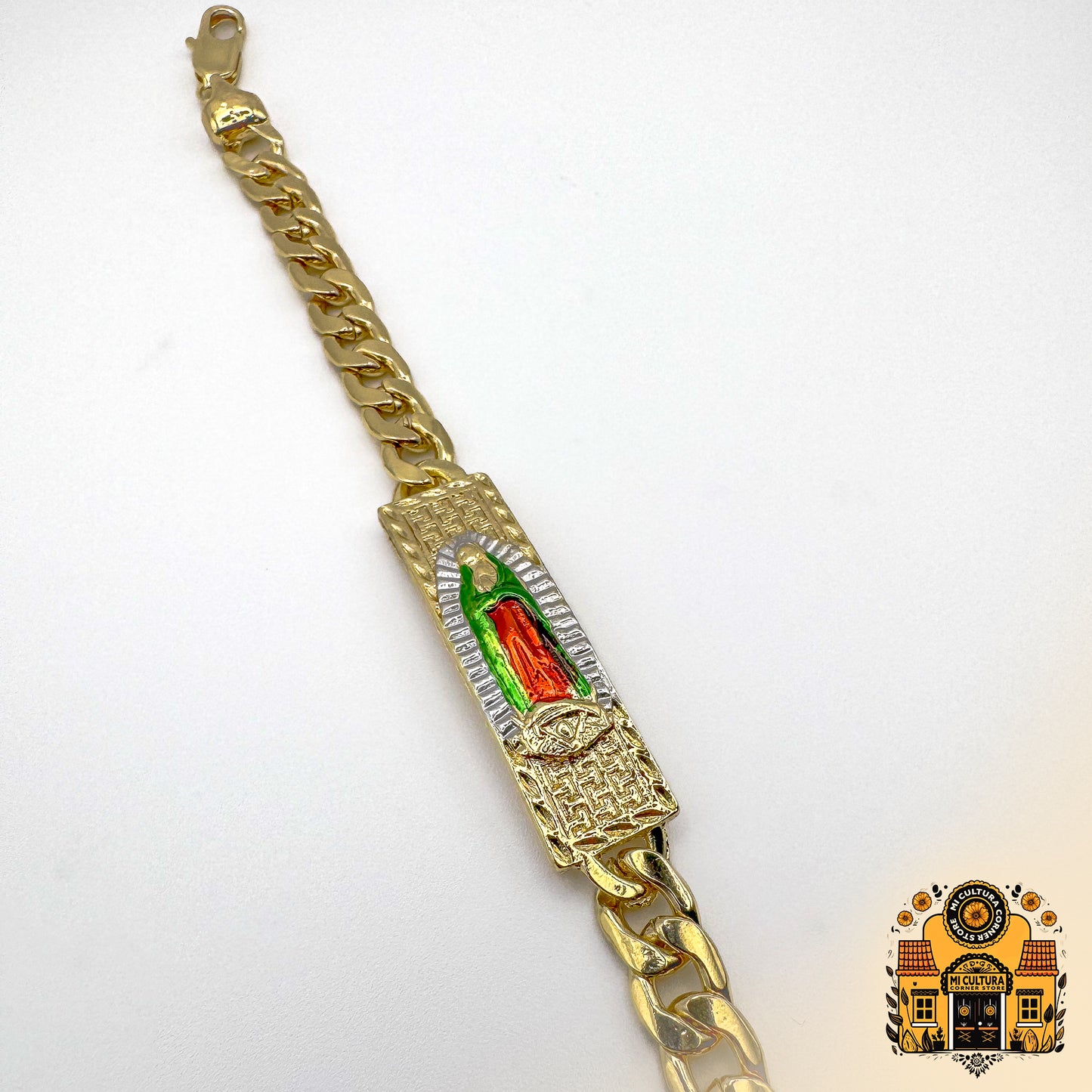 Virgin of Guadalupe Divine Elegance 14K Gold-Plated Bracelet with Red & Green Robe & Silver Halo/ Pulsera Elegancia Divina Baño de Oro 14K con Túnica Roja y Verde y Halo Plateado de La Virgen de Guadalupe, 8.66"