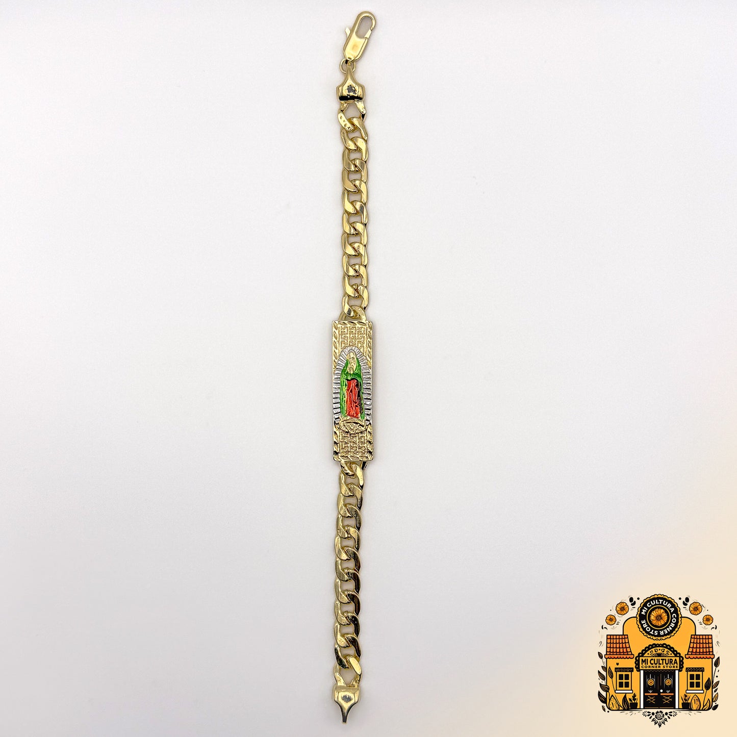 Virgin of Guadalupe Divine Elegance 14K Gold-Plated Bracelet with Red & Green Robe & Silver Halo/ Pulsera Elegancia Divina Baño de Oro 14K con Túnica Roja y Verde y Halo Plateado de La Virgen de Guadalupe, 8.66"