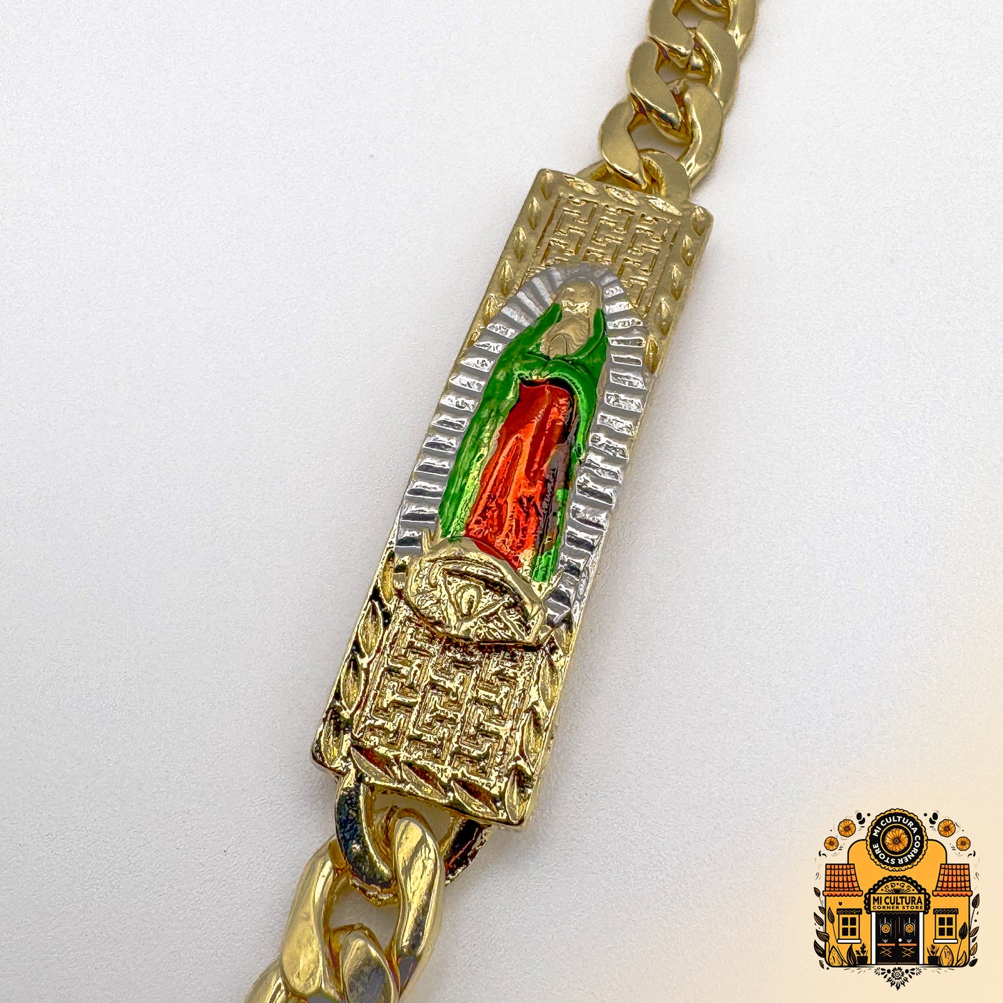 Virgin of Guadalupe Divine Elegance 14K Gold-Plated Bracelet with Red & Green Robe & Silver Halo/ Pulsera Elegancia Divina Baño de Oro 14K con Túnica Roja y Verde y Halo Plateado de La Virgen de Guadalupe, 8.66"