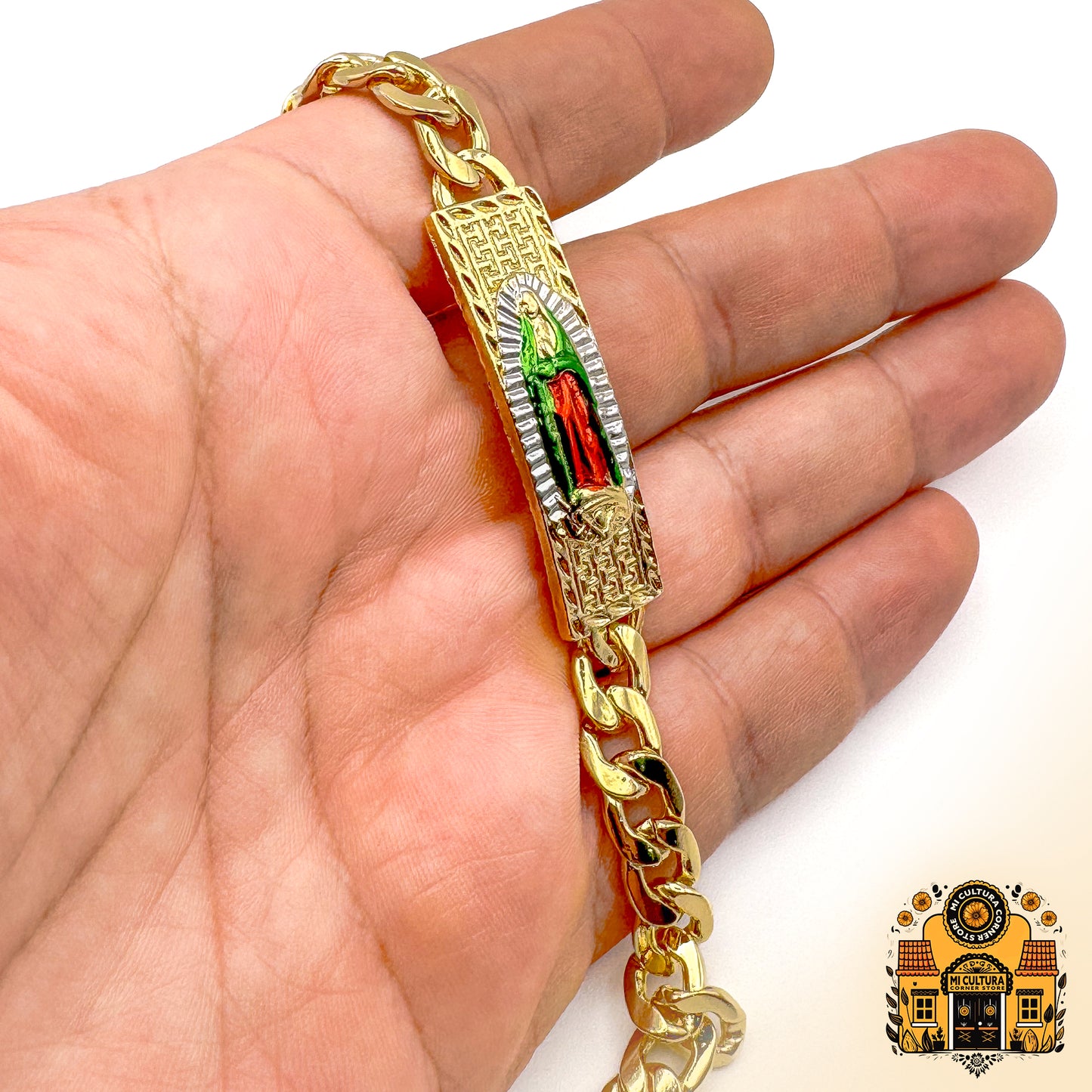 Virgin of Guadalupe Divine Elegance 14K Gold-Plated Bracelet with Red & Green Robe & Silver Halo/ Pulsera Elegancia Divina Baño de Oro 14K con Túnica Roja y Verde y Halo Plateado de La Virgen de Guadalupe, 8.66"