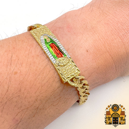 Virgin of Guadalupe Divine Elegance 14K Gold-Plated Bracelet with Red & Green Robe & Silver Halo/ Pulsera Elegancia Divina Baño de Oro 14K con Túnica Roja y Verde y Halo Plateado de La Virgen de Guadalupe, 8.66"