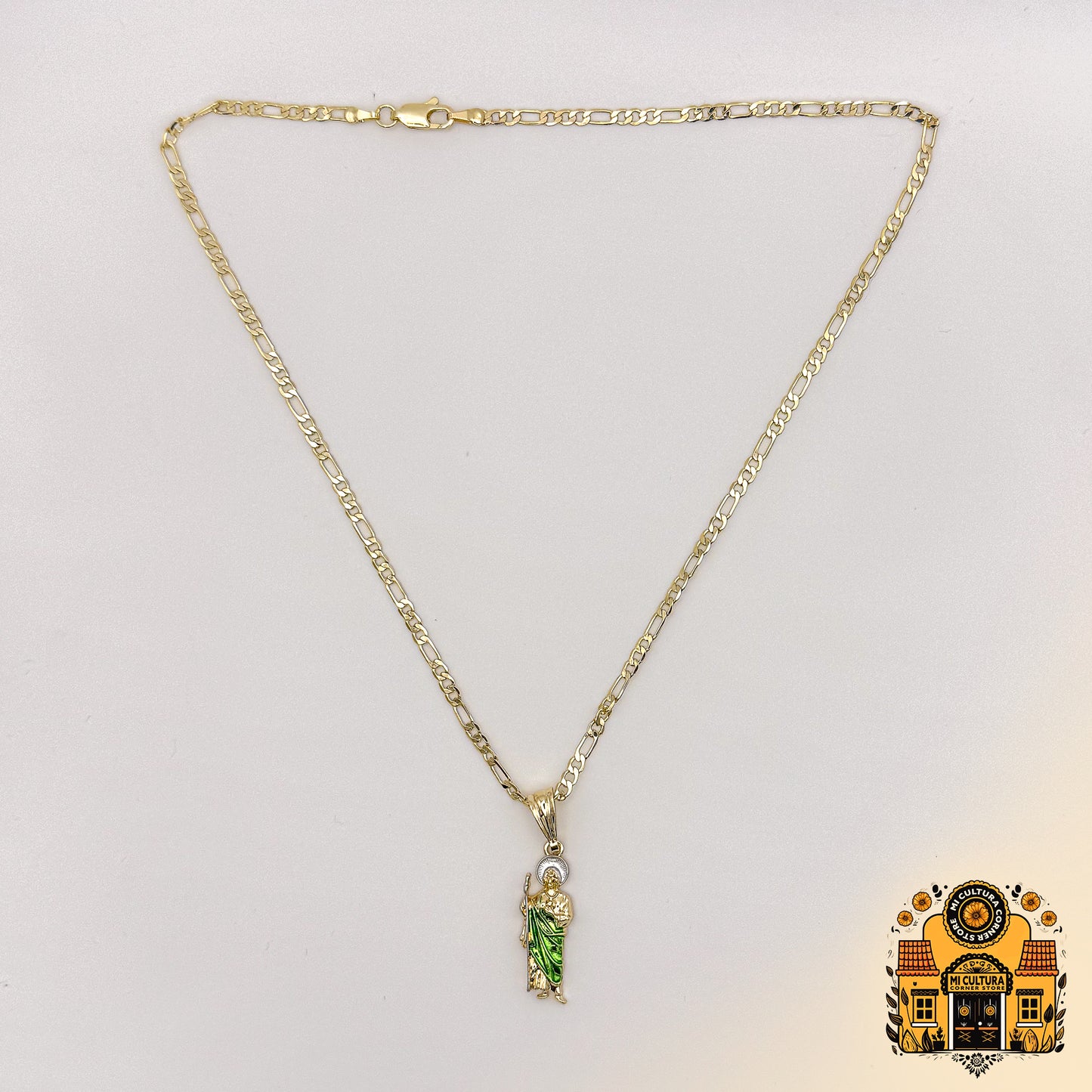 14K Mini Gold Plated St. Jude Necklace with Green Robe and Silver Halo 1 in - Cuban Link Chain San Judas Pendant / Mini Collar de San Judas Tadeo Chapado en Oro 14K Con bata verde y halo plateado Mini 1 in - Cadena Cuban Link con Colgante