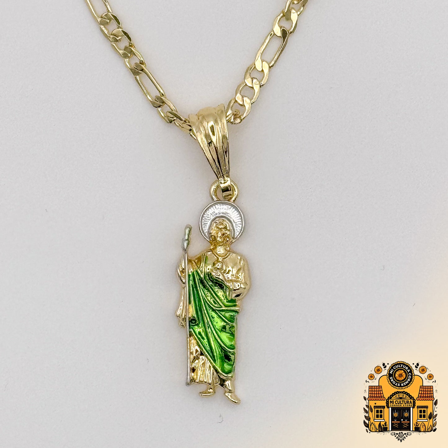 14K Mini Gold Plated St. Jude Necklace with Green Robe and Silver Halo 1 in - Cuban Link Chain San Judas Pendant / Mini Collar de San Judas Tadeo Chapado en Oro 14K Con bata verde y halo plateado Mini 1 in - Cadena Cuban Link con Colgante