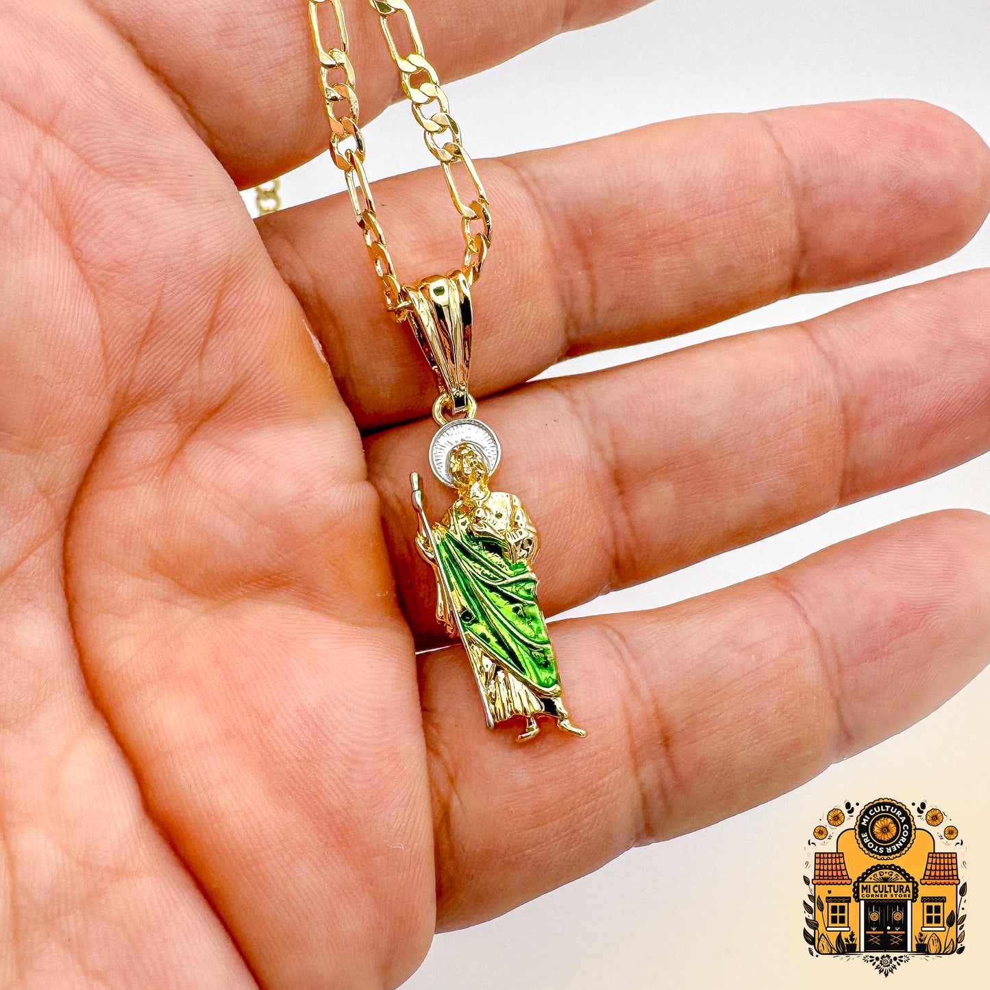 14K Mini Gold Plated St. Jude Necklace with Green Robe and Silver Halo 1 in - Cuban Link Chain San Judas Pendant / Mini Collar de San Judas Tadeo Chapado en Oro 14K Con bata verde y halo plateado Mini 1 in - Cadena Cuban Link con Colgante