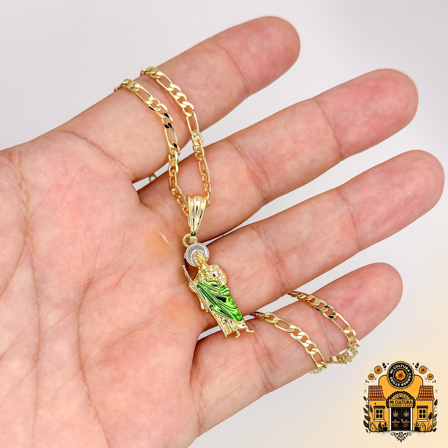 14K Mini Gold Plated St. Jude Necklace with Green Robe and Silver Halo 1 in - Cuban Link Chain San Judas Pendant / Mini Collar de San Judas Tadeo Chapado en Oro 14K Con bata verde y halo plateado Mini 1 in - Cadena Cuban Link con Colgante