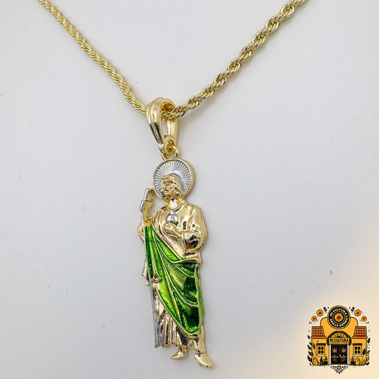 14K Large Gold Plated St. Jude Necklace with Green Robe and Silver Halo 2 in - Twisted Rope Chain/ Collar de San Judas Tadeo Chapado en Oro 14K Con bata verde y halo plateado de 2" pulgadas - Collar de Cuerda Torcida