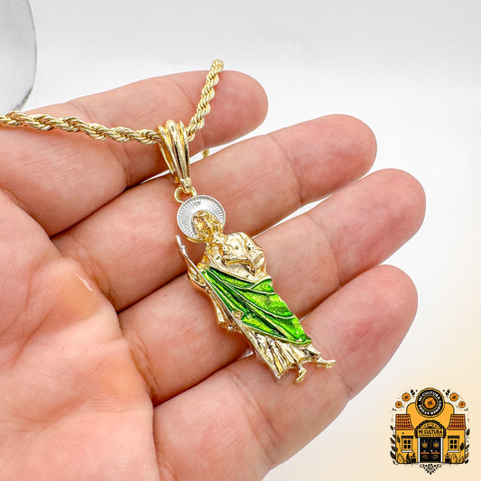 14K Medium Gold Plated St. Jude Necklace with Green Robe and Silver Halo 1.5in Twisted Rope Chain San Judas Pendant / Collar Mediano de San Judas Tadeo Chapado en Oro 14K Con bata verde y halo plateado 1.5 in - Collar de Cuerda Torcida con Colgante