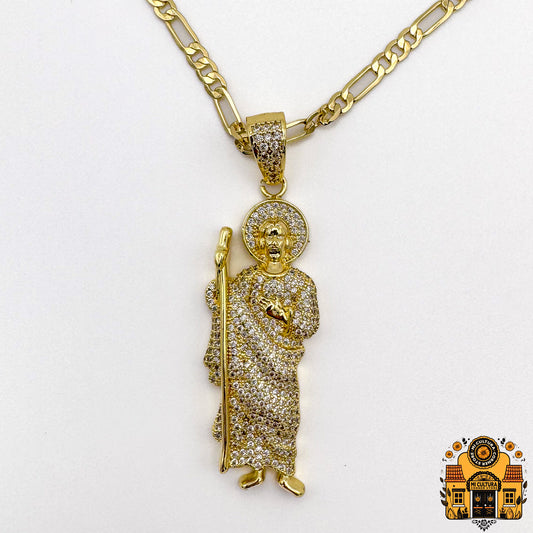 Blinged Out San Judas 14K Gold-Plated Pendant with Cuban Link Necklace