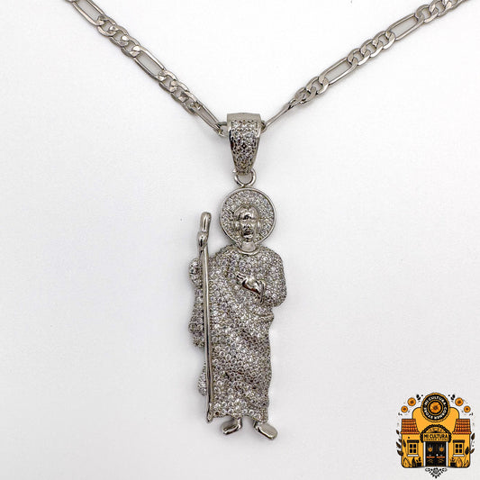 Blinged Out San Judas Silver Pendant with Cuban Link Necklace