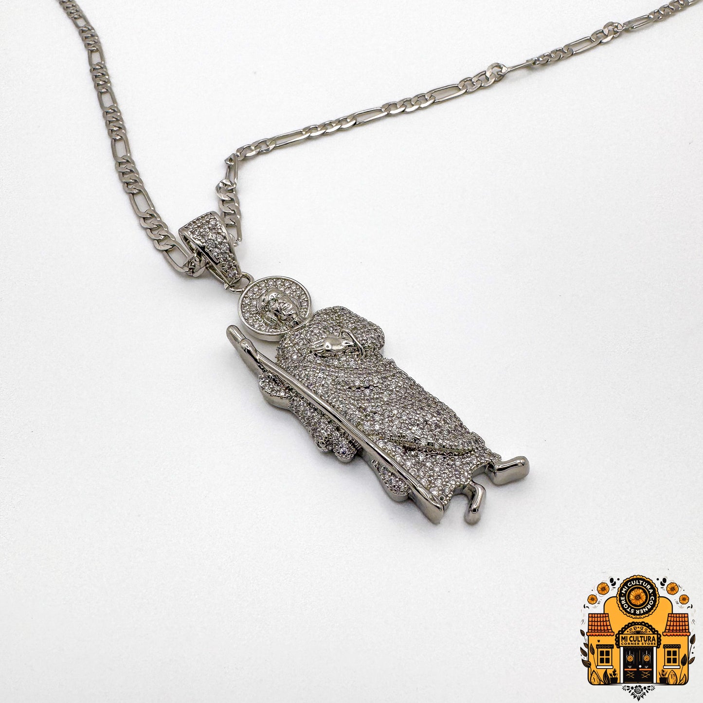 Blinged Out San Judas Silver Pendant with Cuban Link Necklace