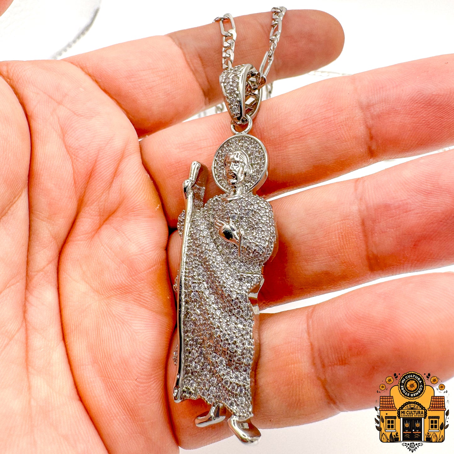 Blinged Out San Judas Silver Pendant with Cuban Link Necklace