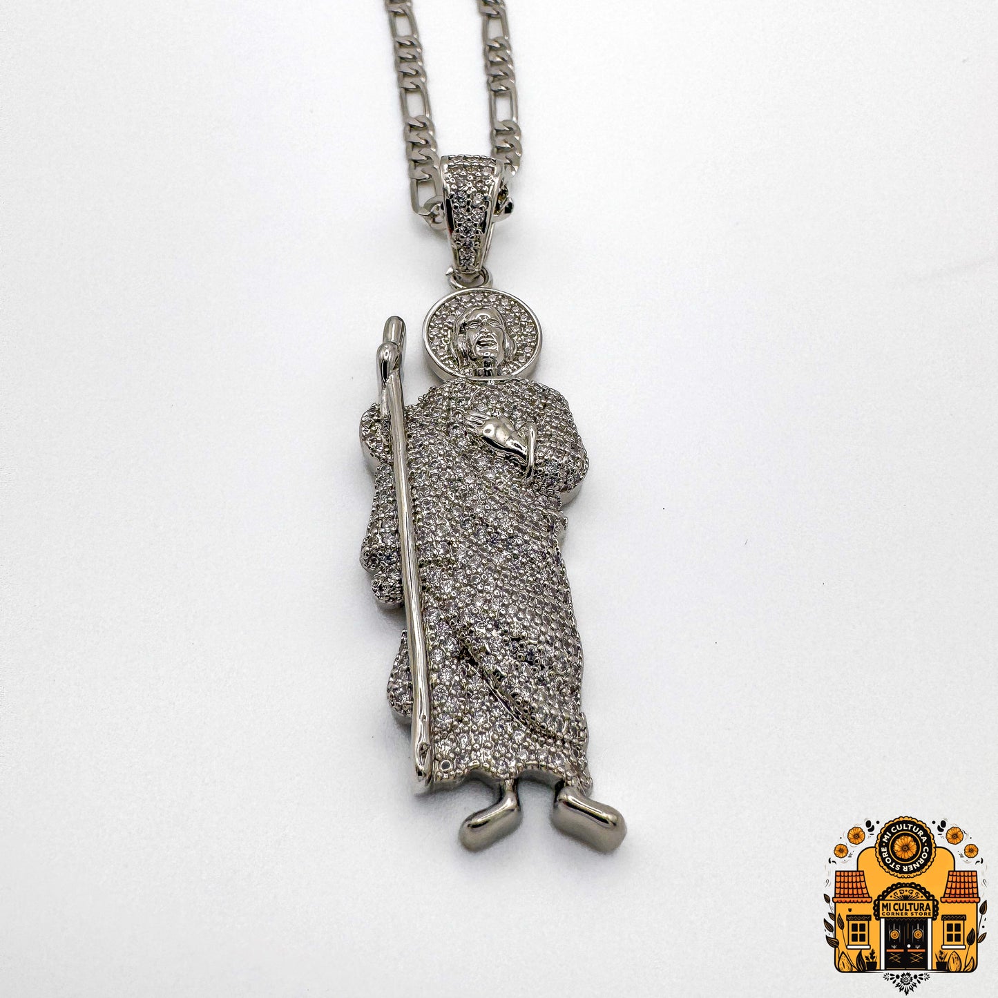 Blinged Out San Judas Silver Pendant with Cuban Link Necklace